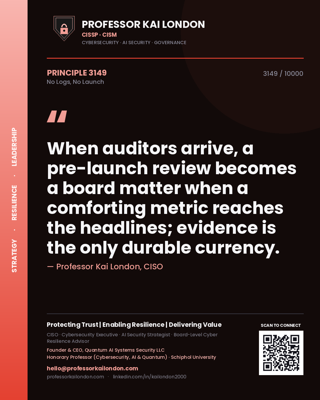Quote card by Professor Kai London reading 'When auditors arrive, a pre-launch review becomes a board matter when a comforting metric reaches the headlines; evidence is the only durable currency.'. From the book No Logs, No Launch.