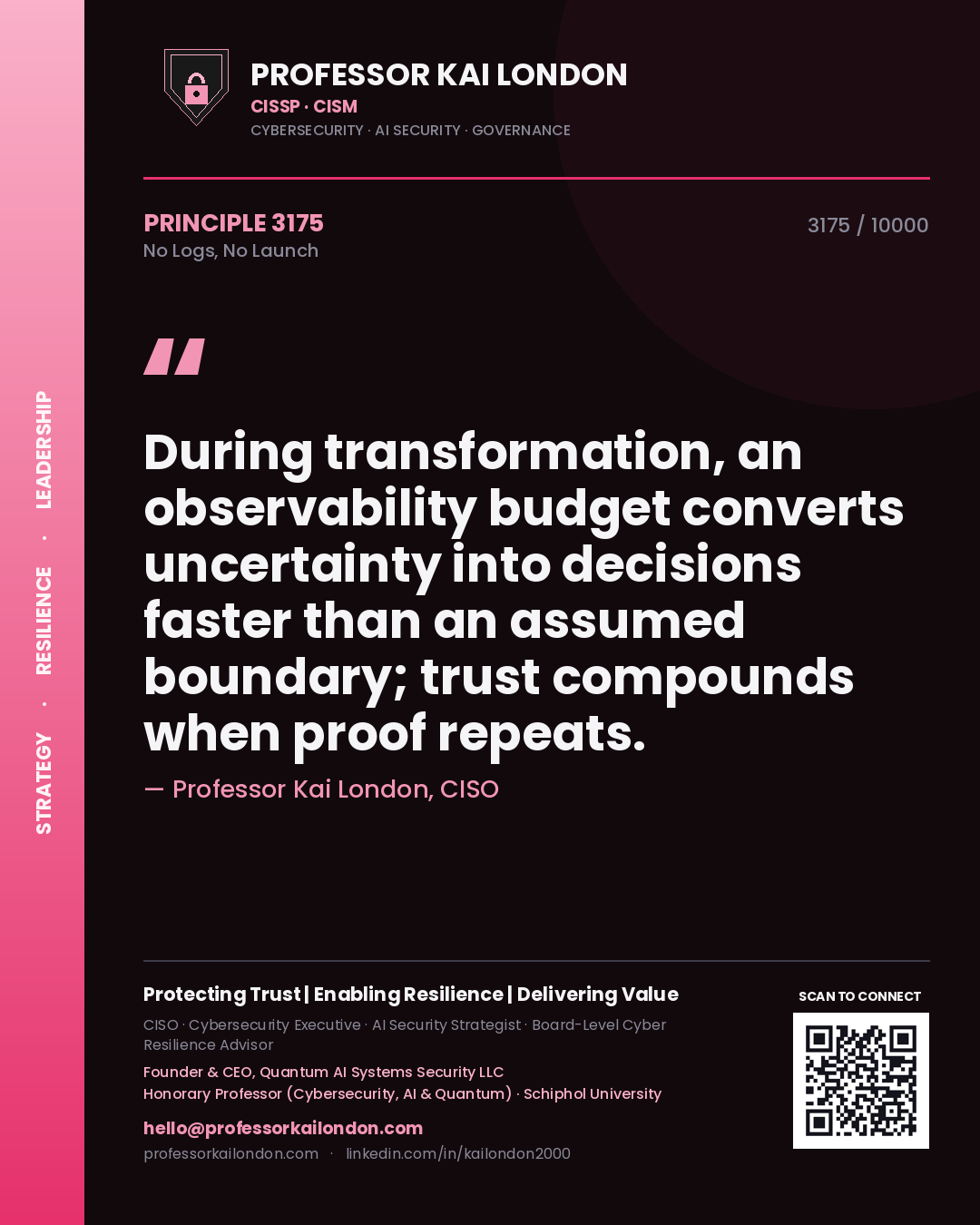 Quote card by Professor Kai London reading 'During transformation, an observability budget converts uncertainty into decisions faster than an assumed boundary; trust compounds when proof repeats.'. From the book No Logs, No Launch.