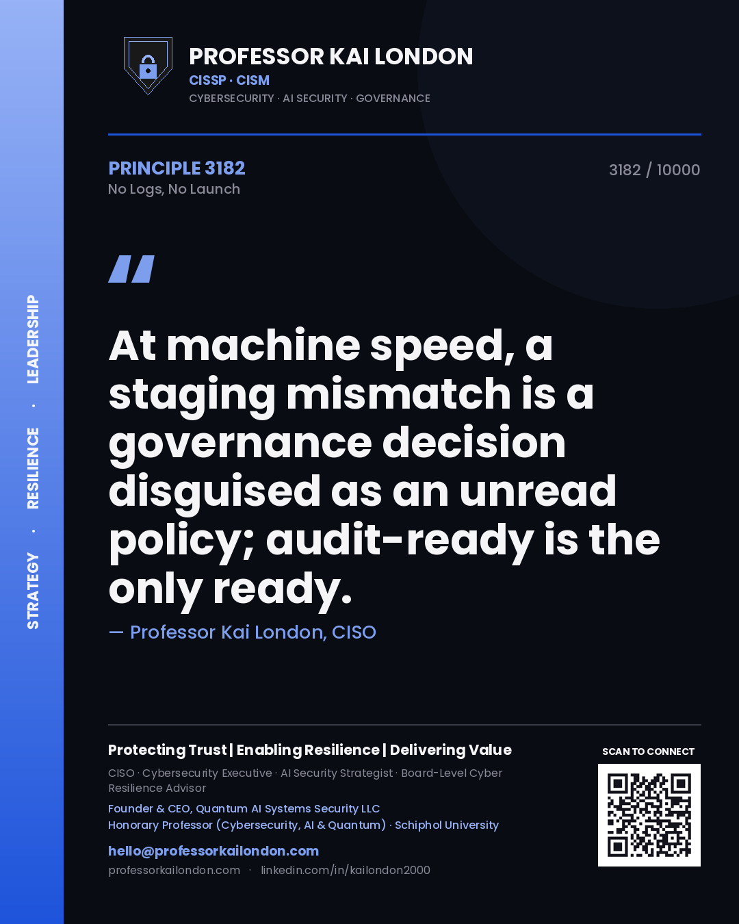 Quote card by Professor Kai London reading 'At machine speed, a staging mismatch is a governance decision disguised as an unread policy; audit-ready is the only ready.'. From the book No Logs, No Launch.