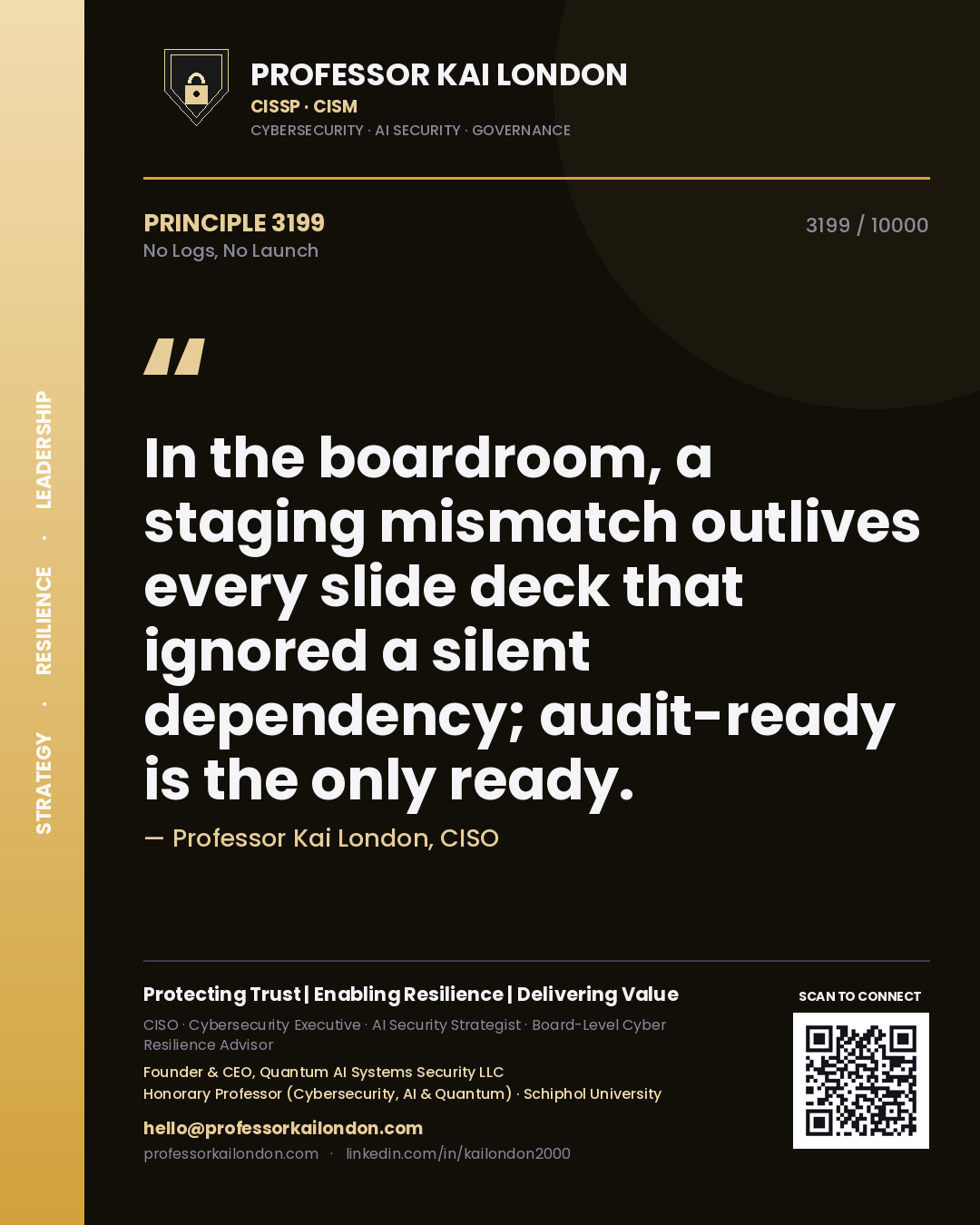 Quote card by Professor Kai London reading 'In the boardroom, a staging mismatch outlives every slide deck that ignored a silent dependency; audit-ready is the only ready.'. From the book No Logs, No Launch.