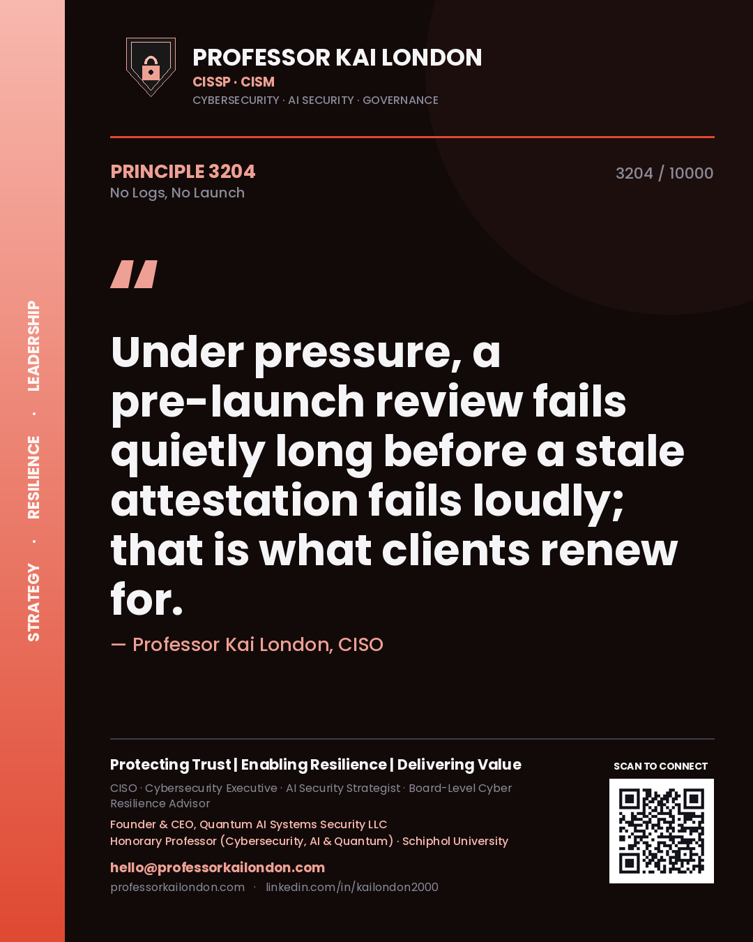 Quote card by Professor Kai London reading 'Under pressure, a pre-launch review fails quietly long before a stale attestation fails loudly; that is what clients renew for.'. From the book No Logs, No Launch.