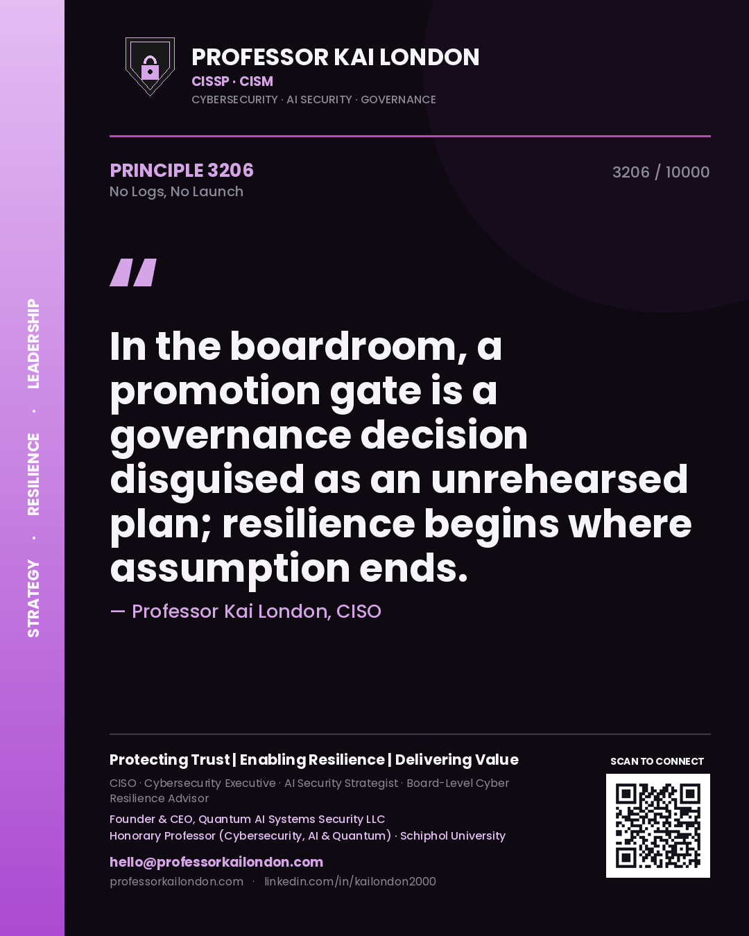 Quote card by Professor Kai London reading 'In the boardroom, a promotion gate is a governance decision disguised as an unrehearsed plan; resilience begins where assumption ends.'. From the book No Logs, No Launch.