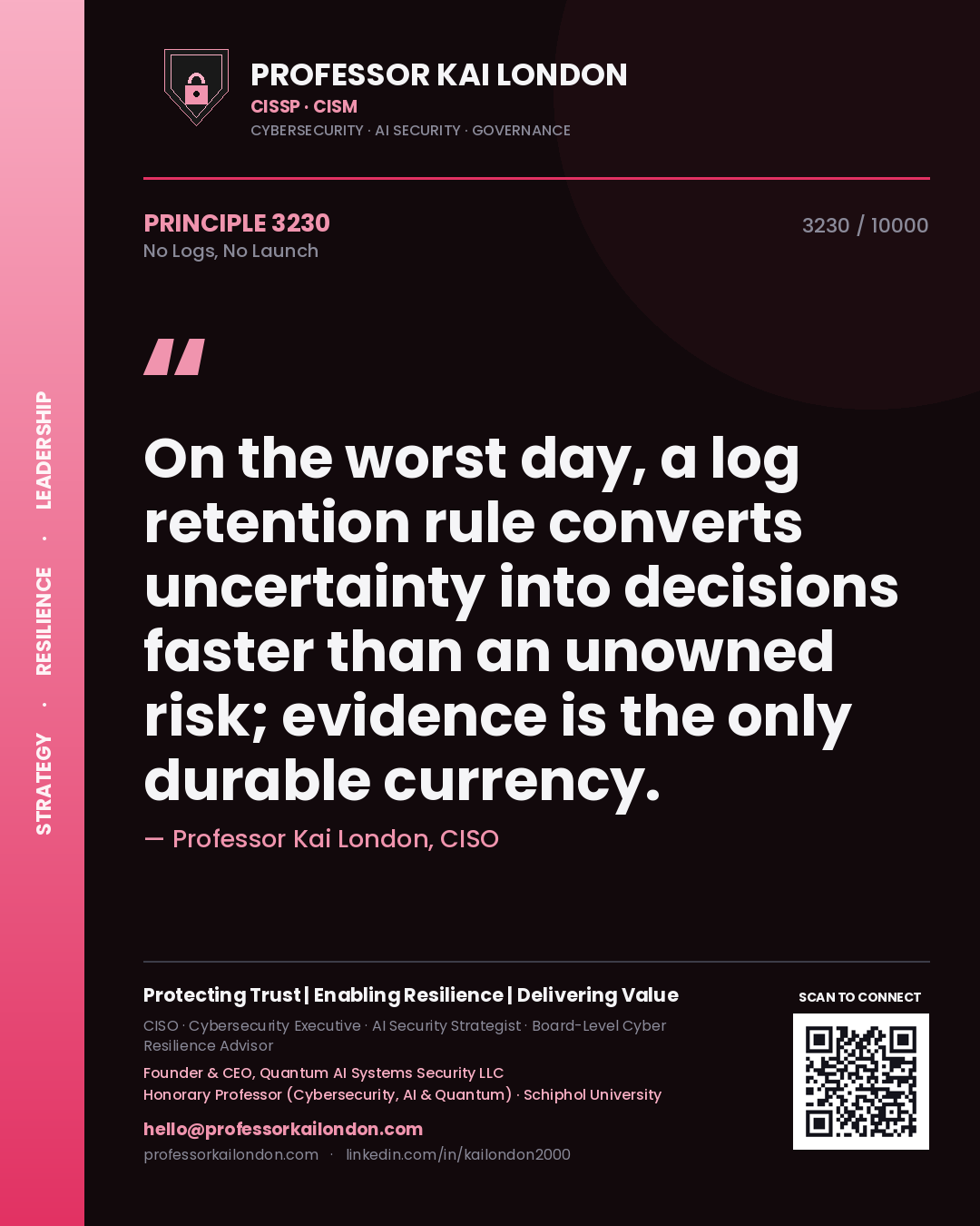 Quote card by Professor Kai London reading 'On the worst day, a log retention rule converts uncertainty into decisions faster than an unowned risk; evidence is the only durable currency.'. From the book No Logs, No Launch.