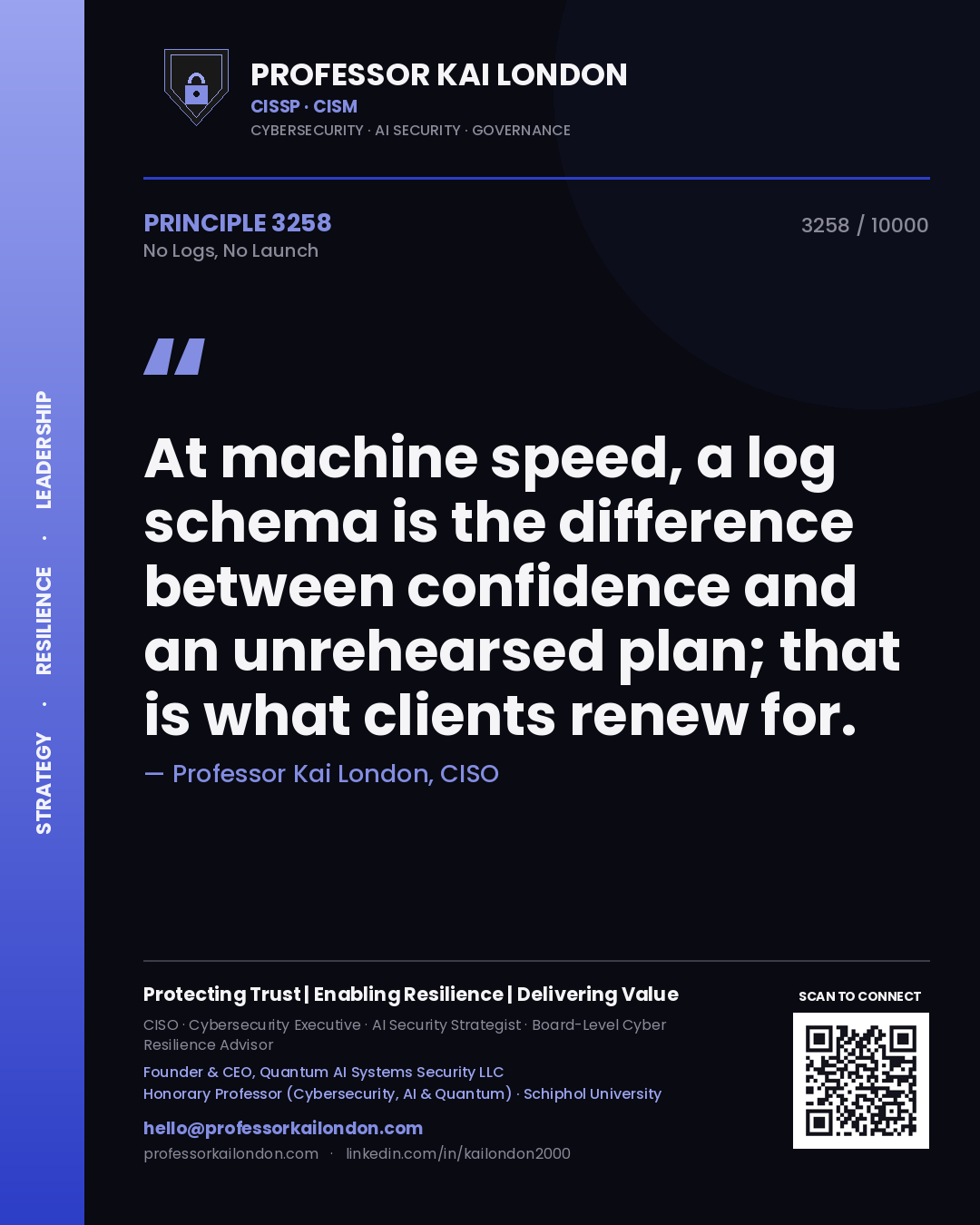 Quote card by Professor Kai London reading 'At machine speed, a log schema is the difference between confidence and an unrehearsed plan; that is what clients renew for.'. From the book No Logs, No Launch.