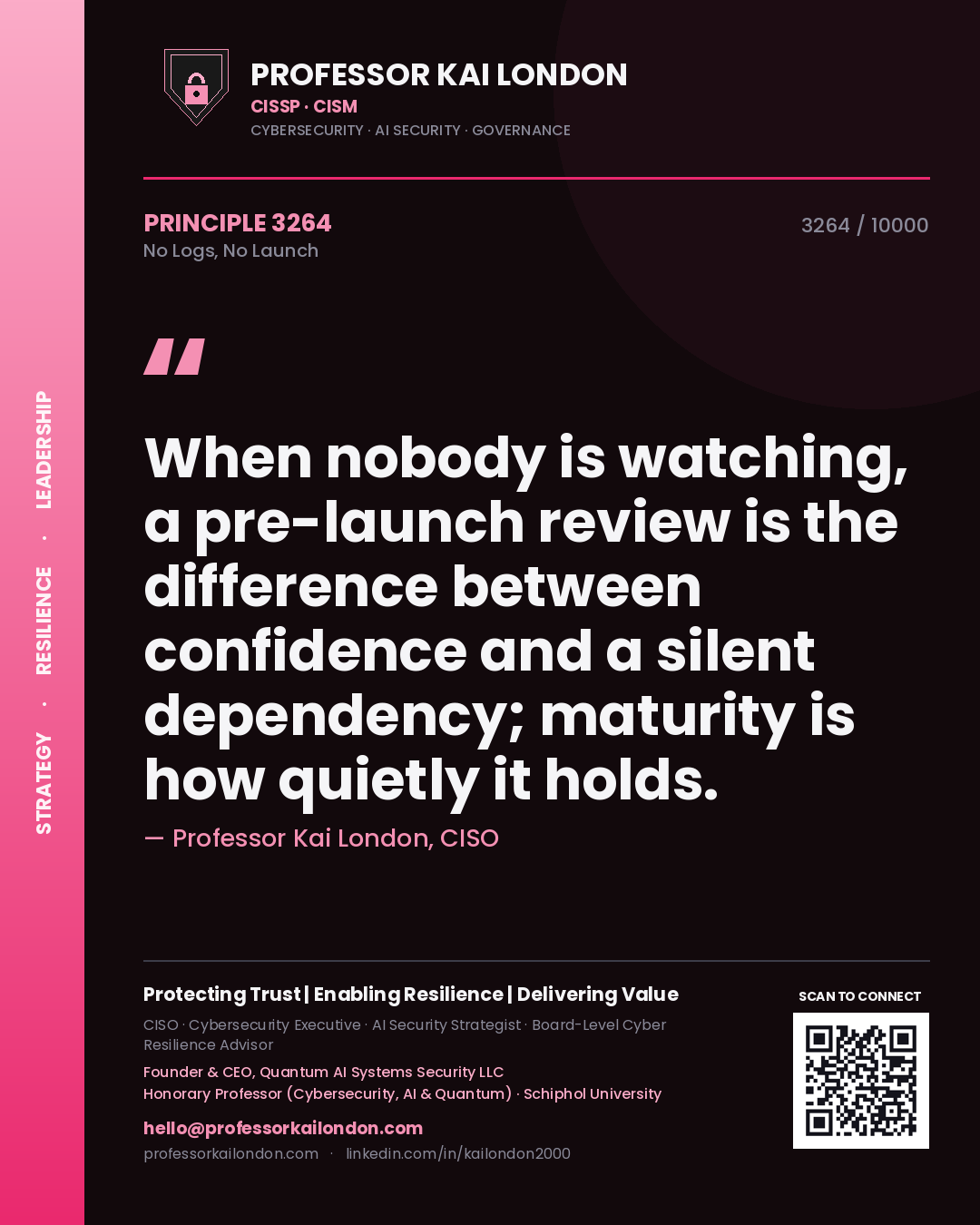 Quote card by Professor Kai London reading 'When nobody is watching, a pre-launch review is the difference between confidence and a silent dependency; maturity is how quietly it holds.'. From the book No Logs, No Launch.