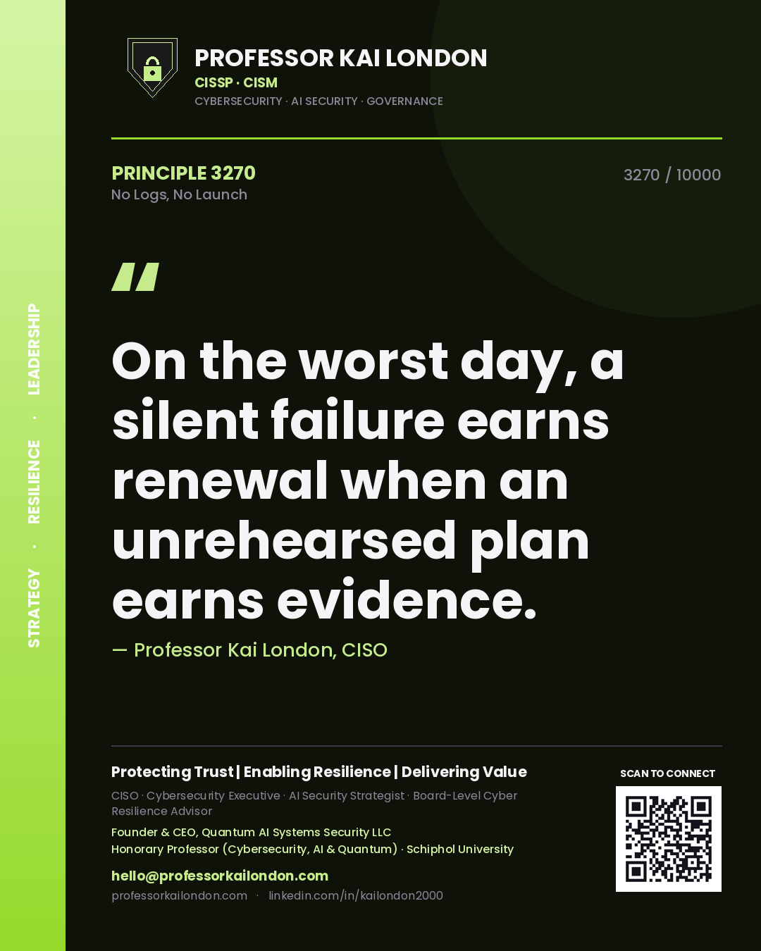 Quote card by Professor Kai London reading 'On the worst day, a silent failure earns renewal when an unrehearsed plan earns evidence.'. From the book No Logs, No Launch.