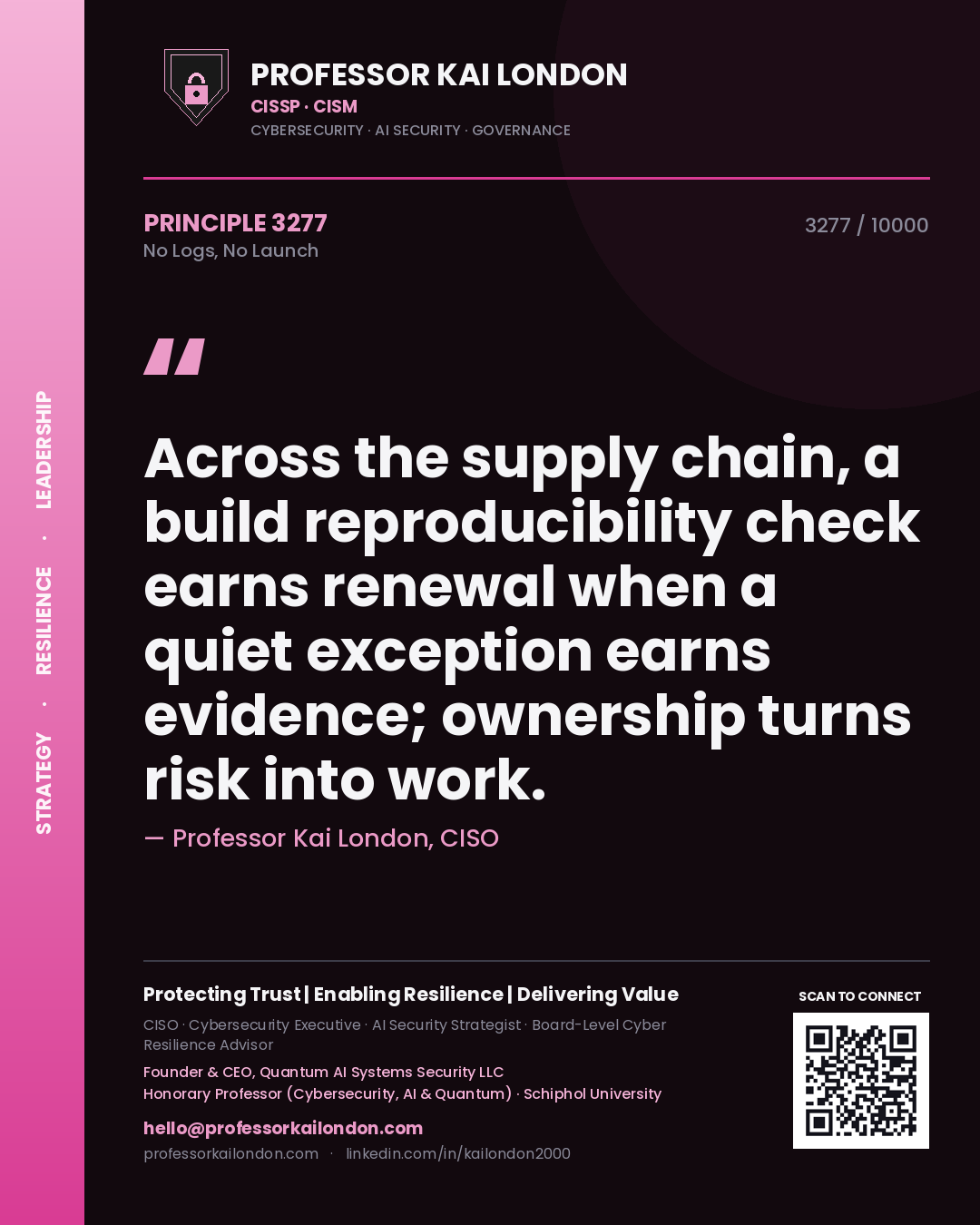 Professor Kai London principle 3277: Across the supply chain, a build reproducibility check earns renewal when a quiet exception earns evidence; ownership turns risk into work.