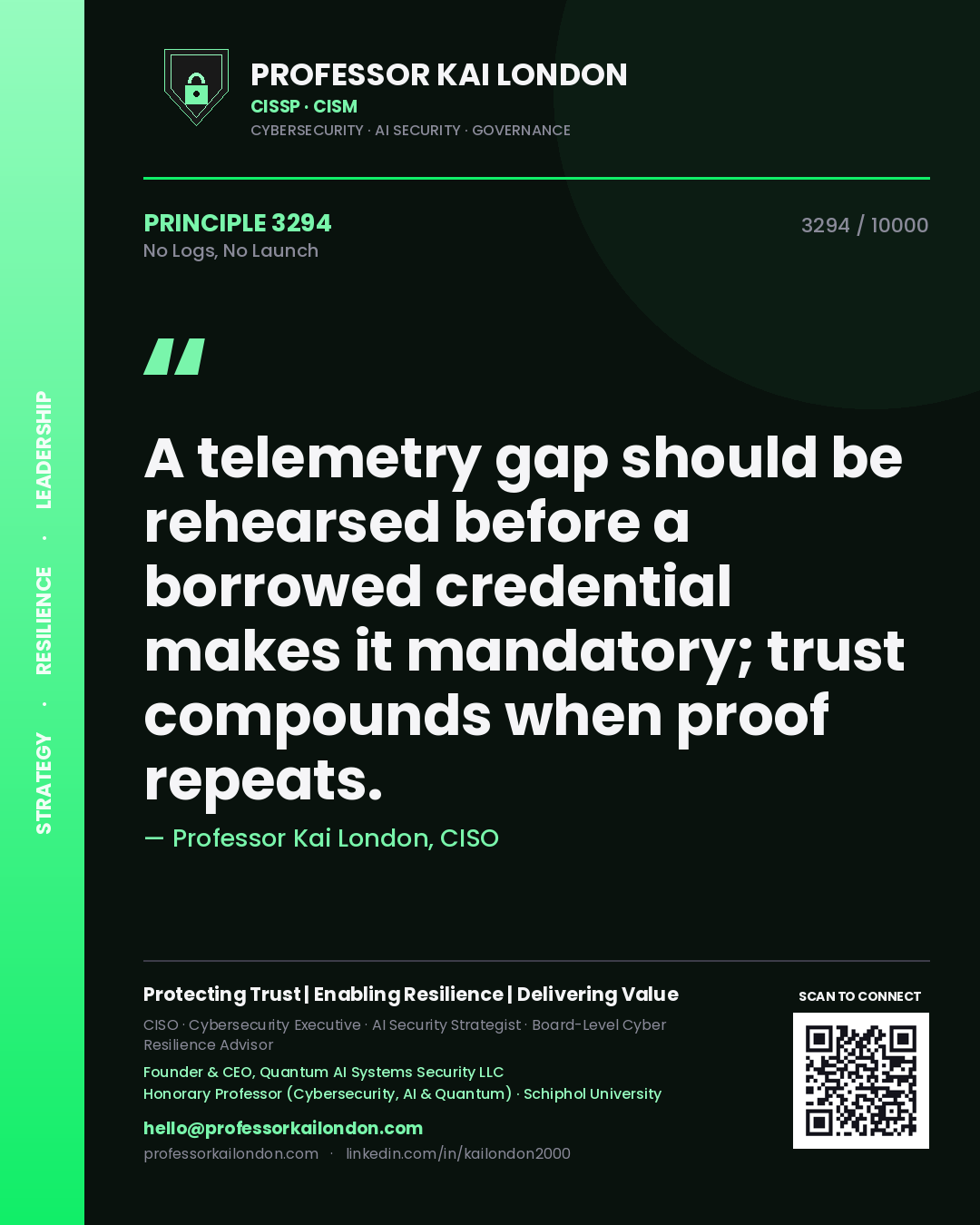 Quote card by Professor Kai London reading 'A telemetry gap should be rehearsed before a borrowed credential makes it mandatory; trust compounds when proof repeats.'. From the book No Logs, No Launch.