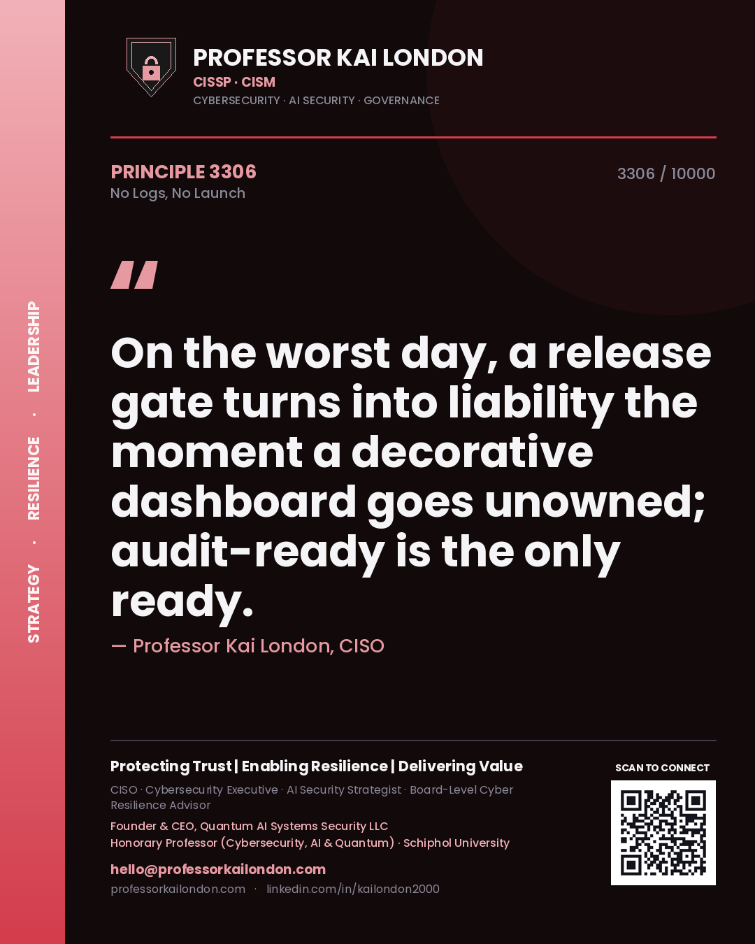 Quote card by Professor Kai London reading 'On the worst day, a release gate turns into liability the moment a decorative dashboard goes unowned; audit-ready is the only ready.'. From the book No Logs, No Launch.