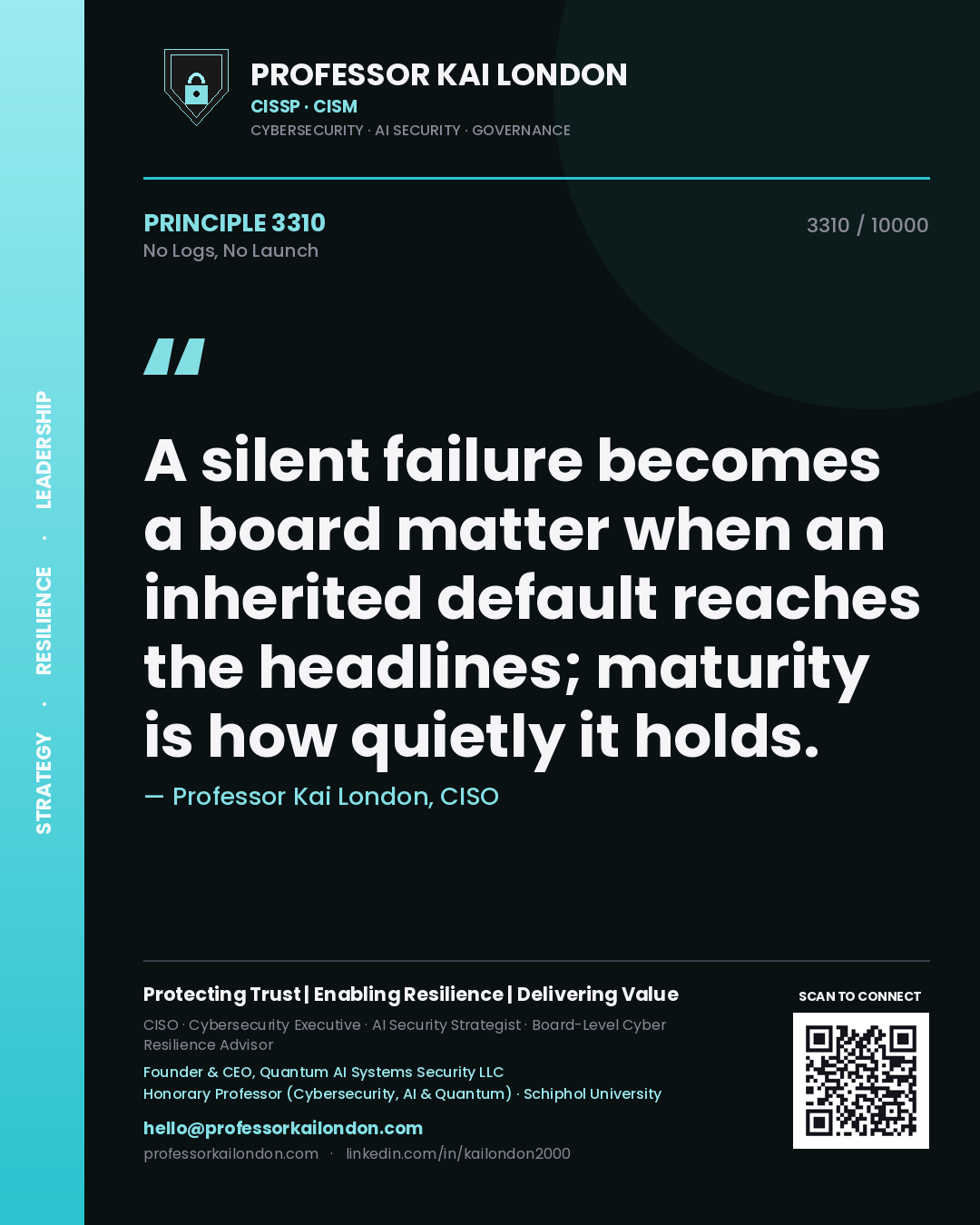 Quote card by Professor Kai London reading 'A silent failure becomes a board matter when an inherited default reaches the headlines; maturity is how quietly it holds.'. From the book No Logs, No Launch.