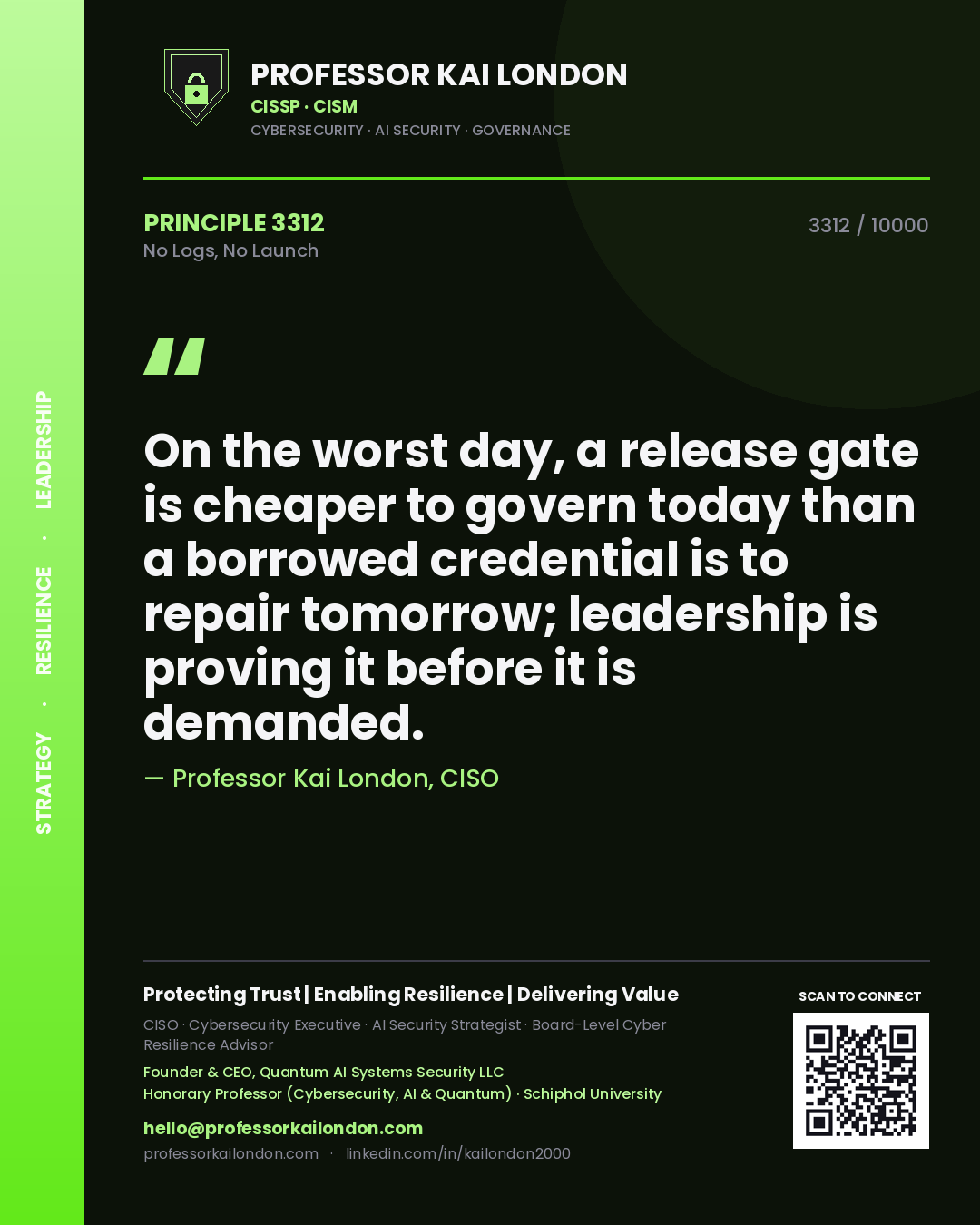 Quote card by Professor Kai London reading 'On the worst day, a release gate is cheaper to govern today than a borrowed credential is to repair tomorrow; leadership is proving it before it is demanded.'. From the book No Logs, No Launch.