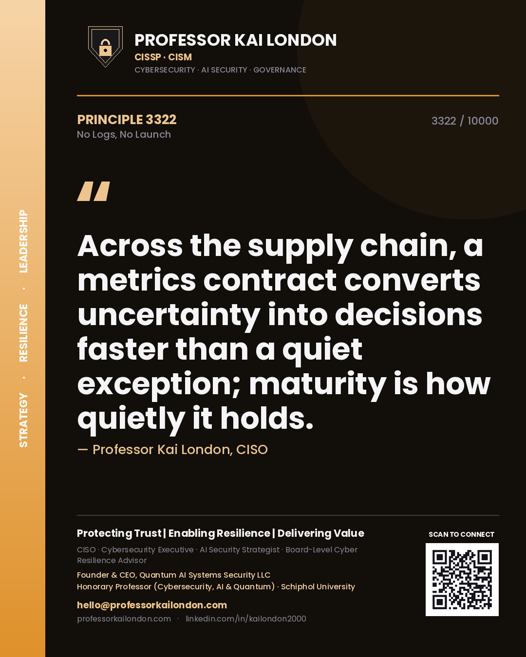 Quote card by Professor Kai London reading 'Across the supply chain, a metrics contract converts uncertainty into decisions faster than a quiet exception; maturity is how quietly it holds.'. From the book No Logs, No Launch.