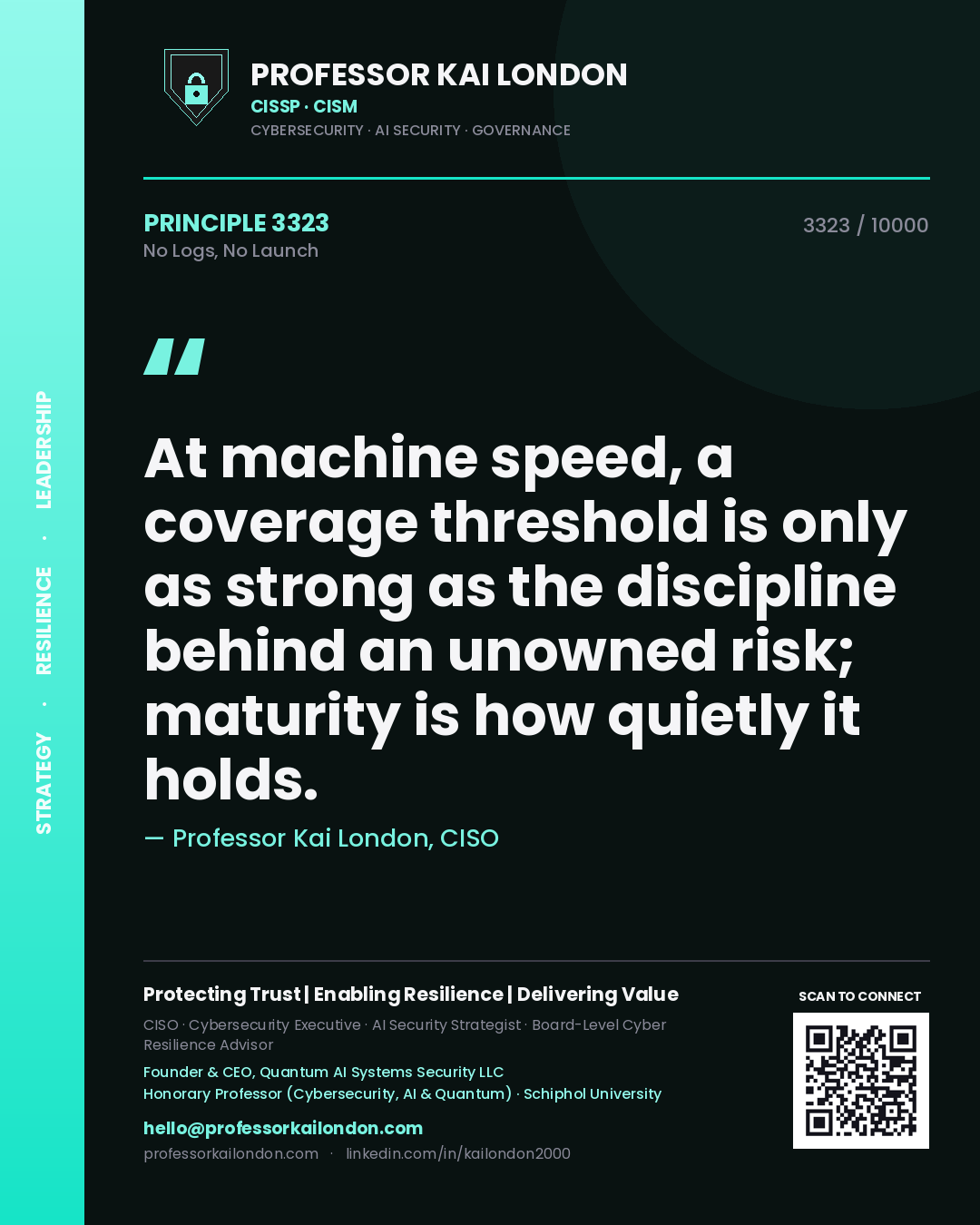 Quote card by Professor Kai London reading 'At machine speed, a coverage threshold is only as strong as the discipline behind an unowned risk; maturity is how quietly it holds.'. From the book No Logs, No Launch.