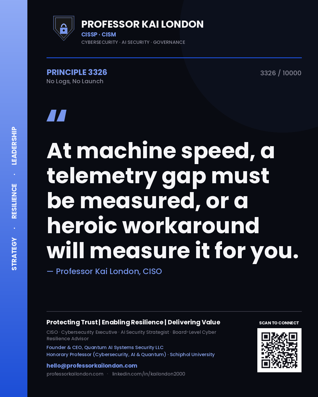 Quote card by Professor Kai London reading 'At machine speed, a telemetry gap must be measured, or a heroic workaround will measure it for you.'. From the book No Logs, No Launch.