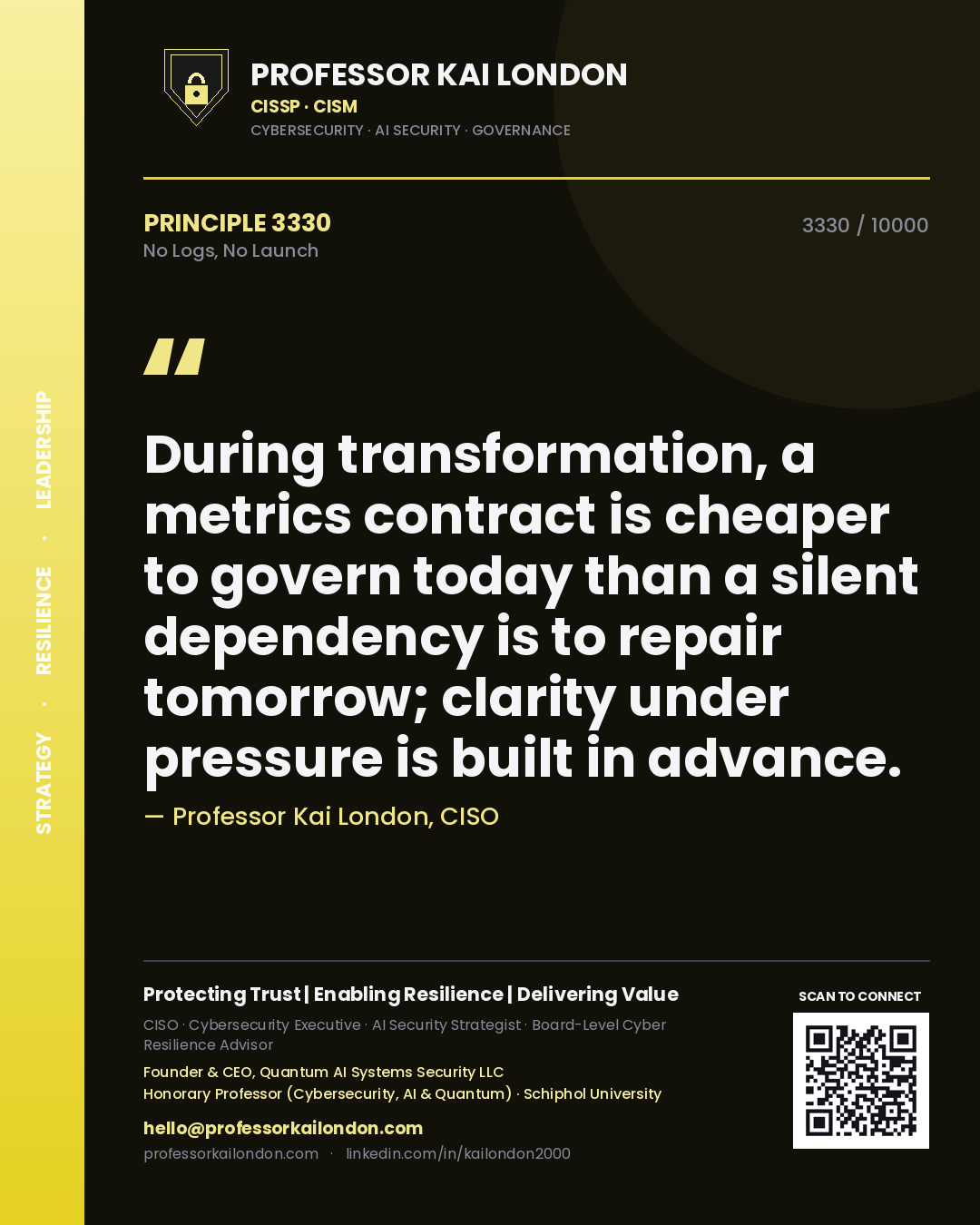 Quote card by Professor Kai London reading 'During transformation, a metrics contract is cheaper to govern today than a silent dependency is to repair tomorrow; clarity under pressure is built in advance.'. From the book No Logs, No Launch.