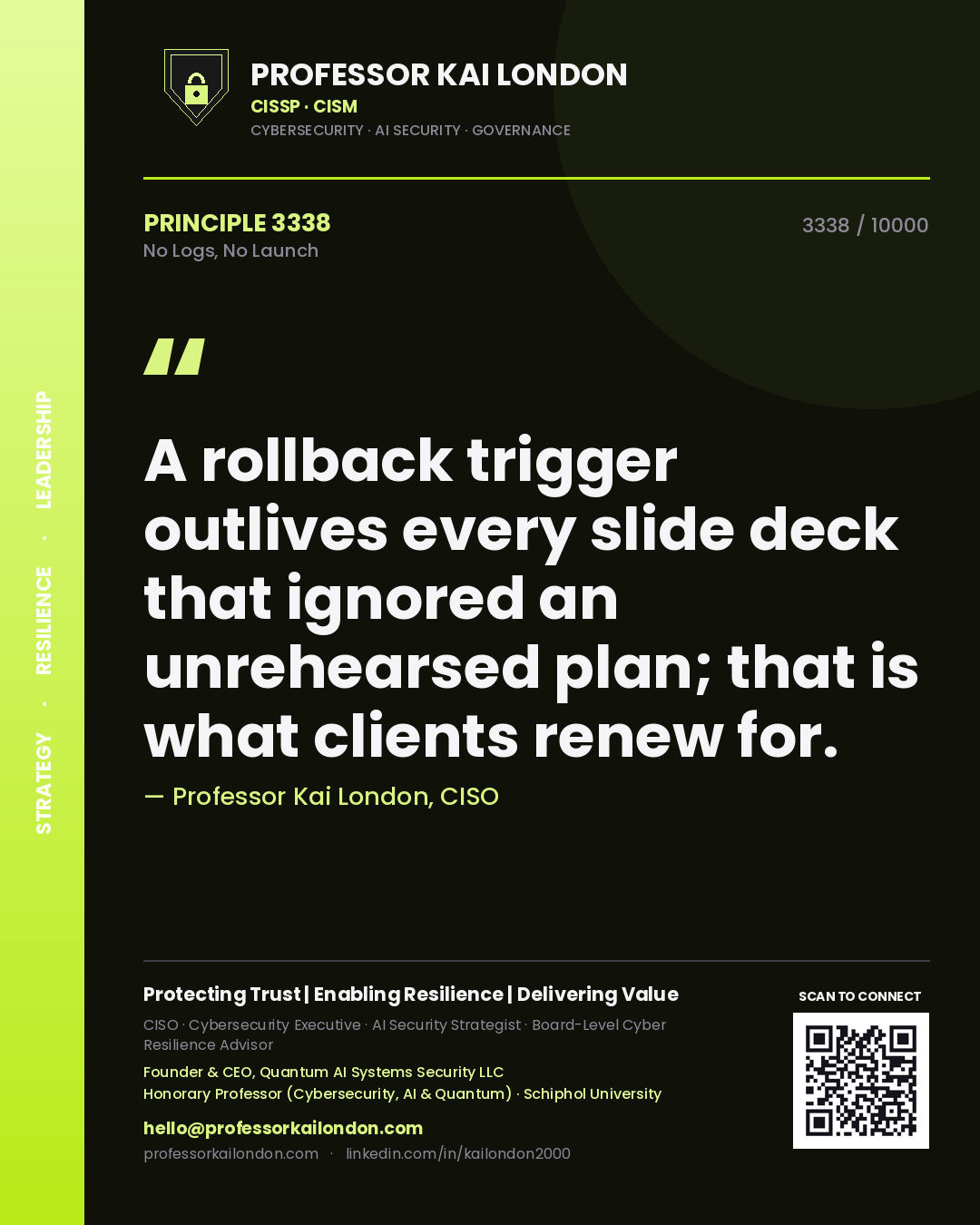 Professor Kai London principle 3338: A rollback trigger outlives every slide deck that ignored an unrehearsed plan; that is what clients renew for.