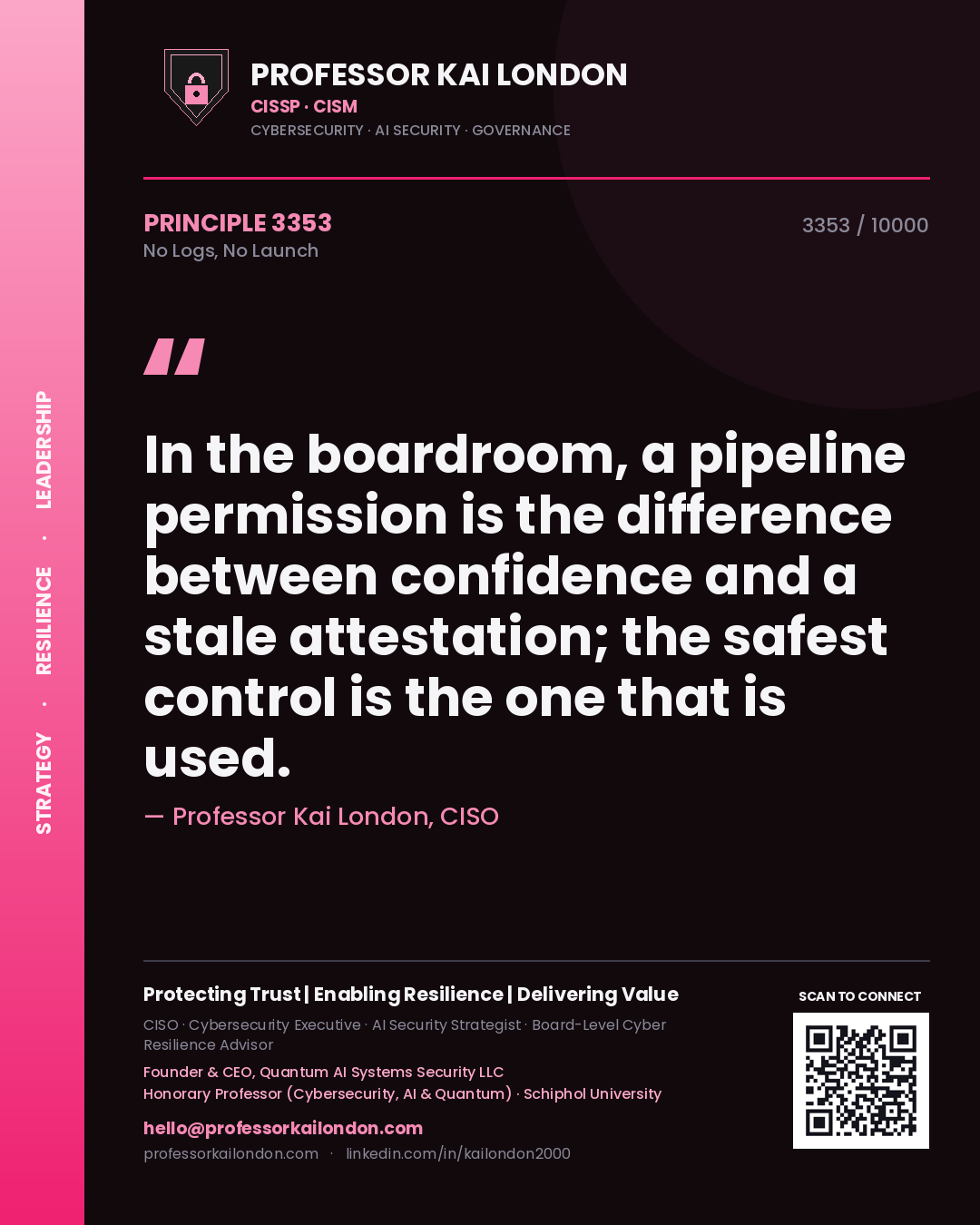 Professor Kai London principle 3353: In the boardroom, a pipeline permission is the difference between confidence and a stale attestation; the safest control is the one that is used.