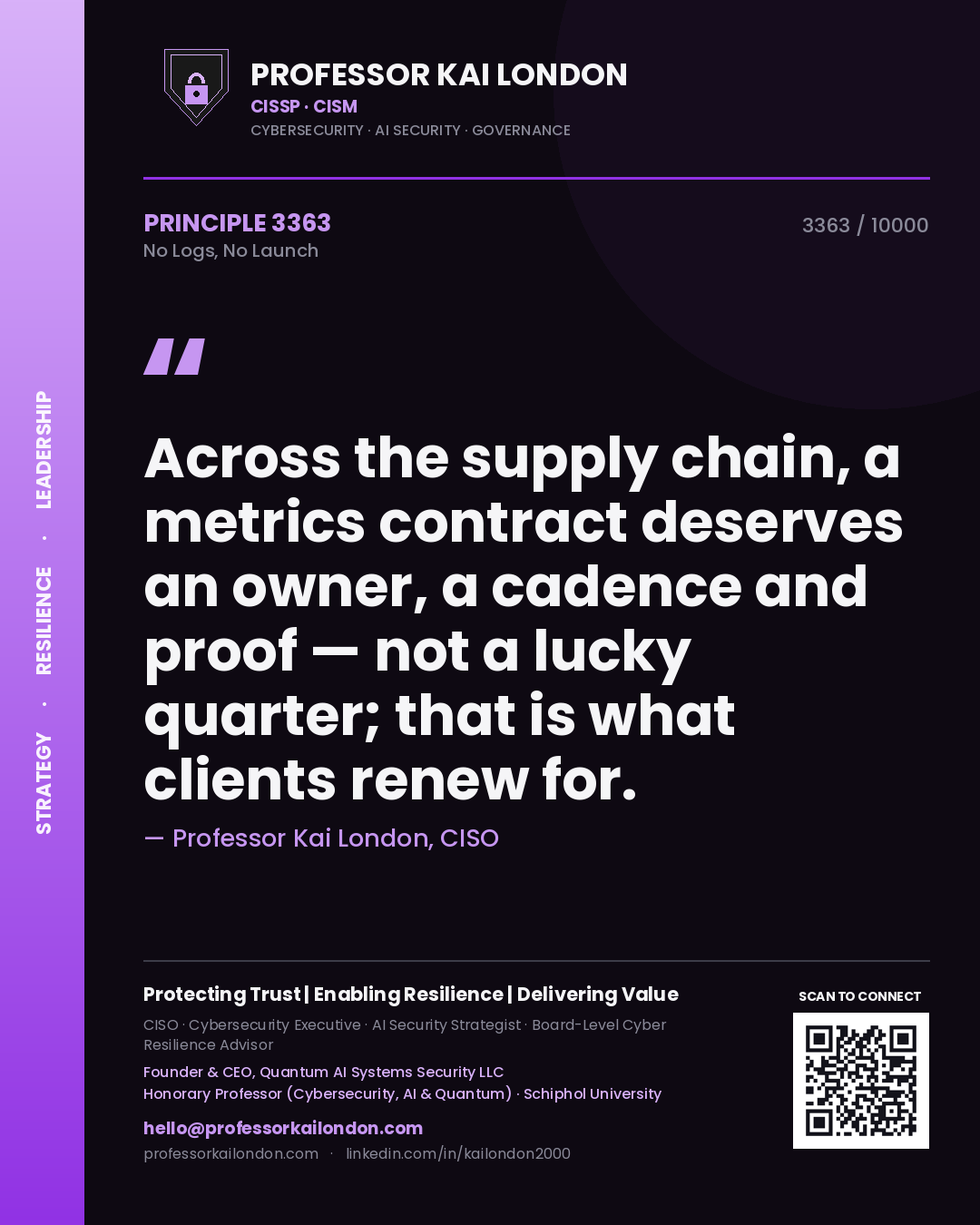 Quote card by Professor Kai London reading 'Across the supply chain, a metrics contract deserves an owner, a cadence and proof — not a lucky quarter; that is what clients renew for.'. From the book No Logs, No Launch.