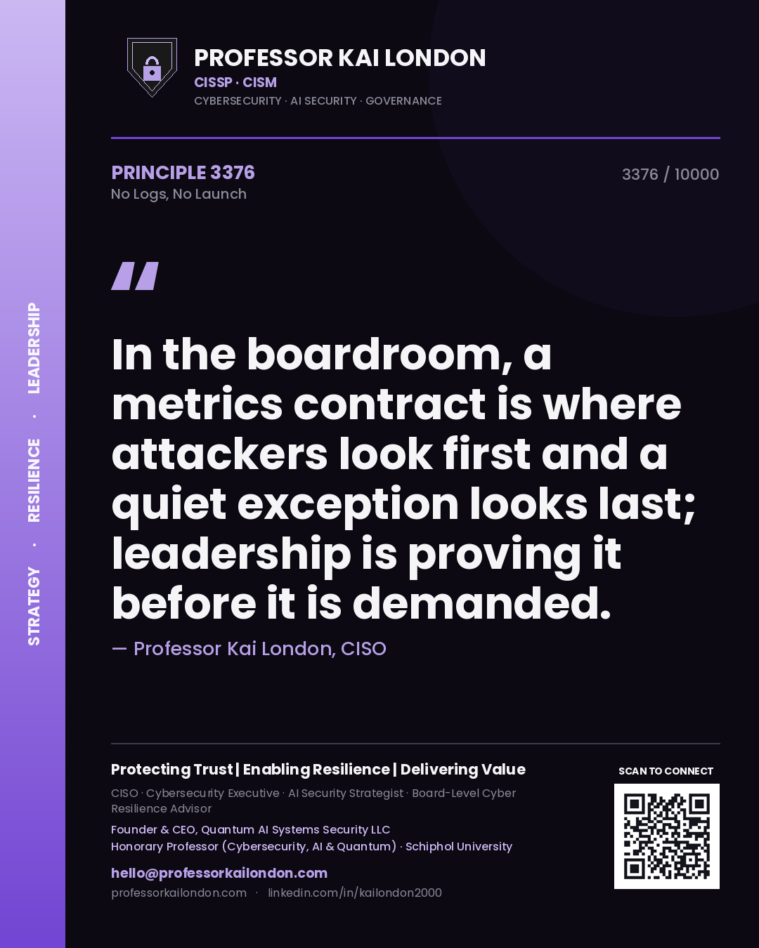 Professor Kai London principle 3376: In the boardroom, a metrics contract is where attackers look first and a quiet exception looks last; leadership is proving it before it is demanded.