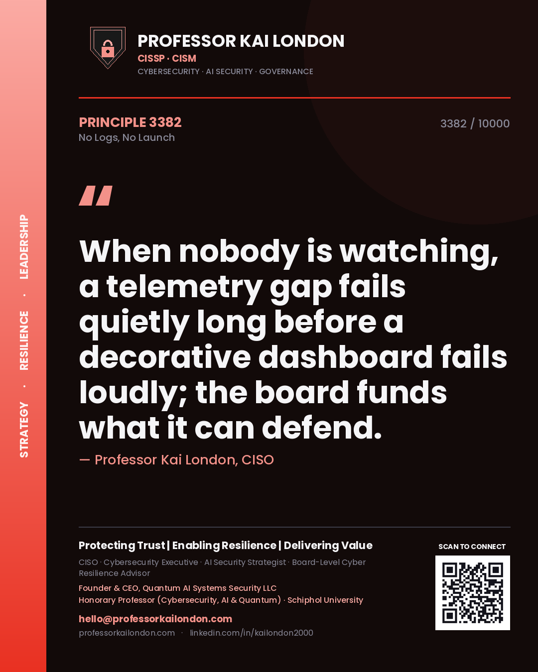 Quote card by Professor Kai London reading 'When nobody is watching, a telemetry gap fails quietly long before a decorative dashboard fails loudly; the board funds what it can defend.'. From the book No Logs, No Launch.