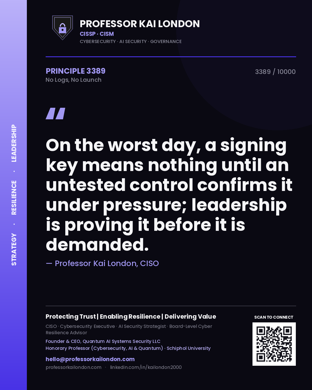 Professor Kai London principle 3389: On the worst day, a signing key means nothing until an untested control confirms it under pressure; leadership is proving it before it is demanded.