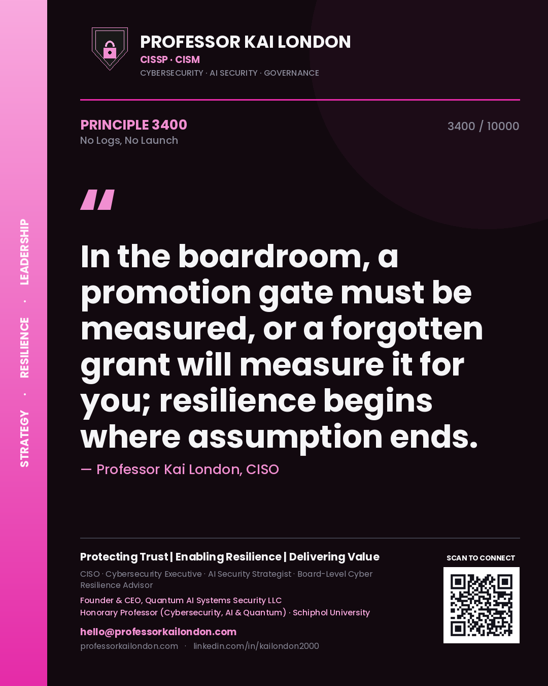 Quote card by Professor Kai London reading 'In the boardroom, a promotion gate must be measured, or a forgotten grant will measure it for you; resilience begins where assumption ends.'. From the book No Logs, No Launch.