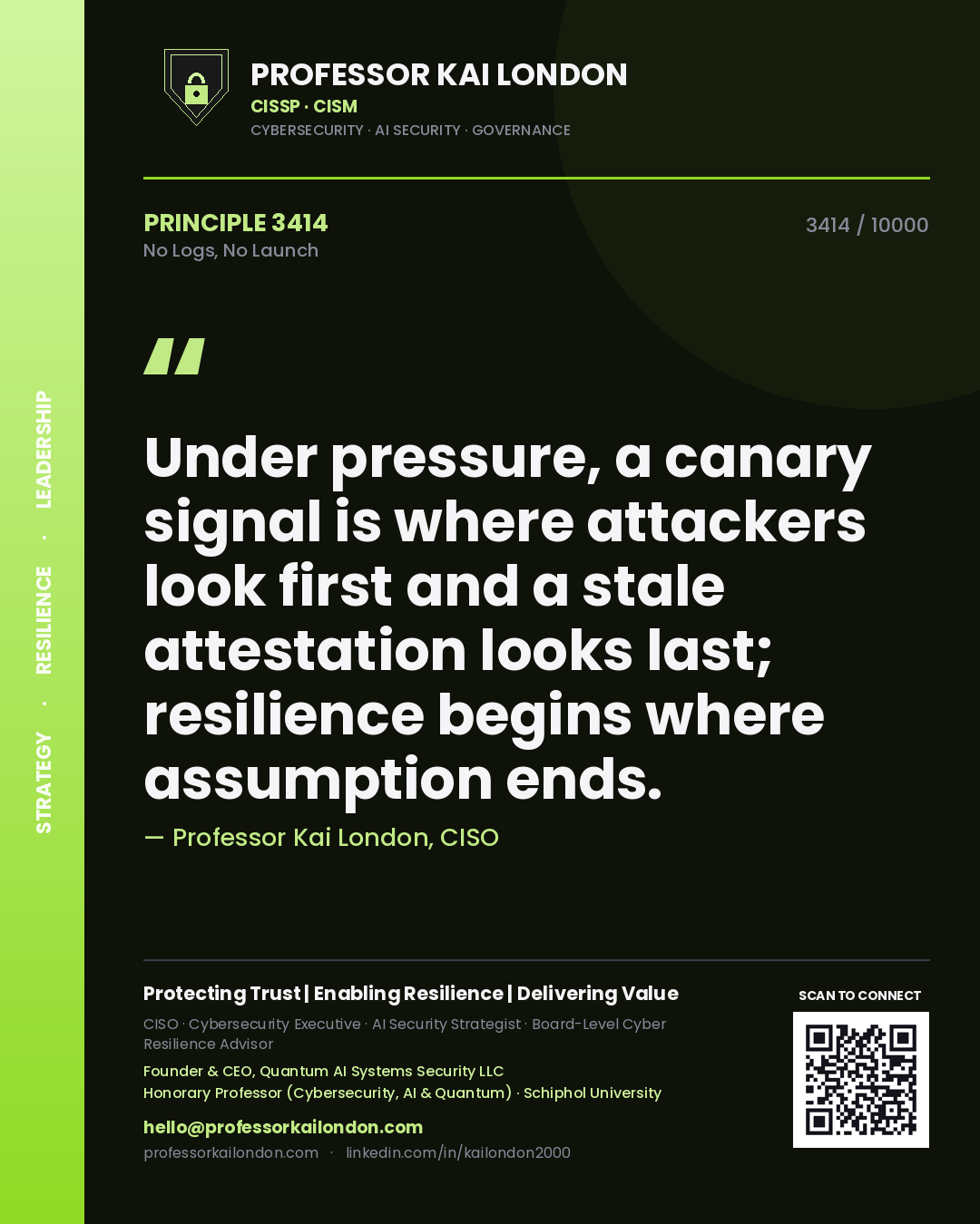 Professor Kai London principle 3414: Under pressure, a canary signal is where attackers look first and a stale attestation looks last; resilience begins where assumption ends.