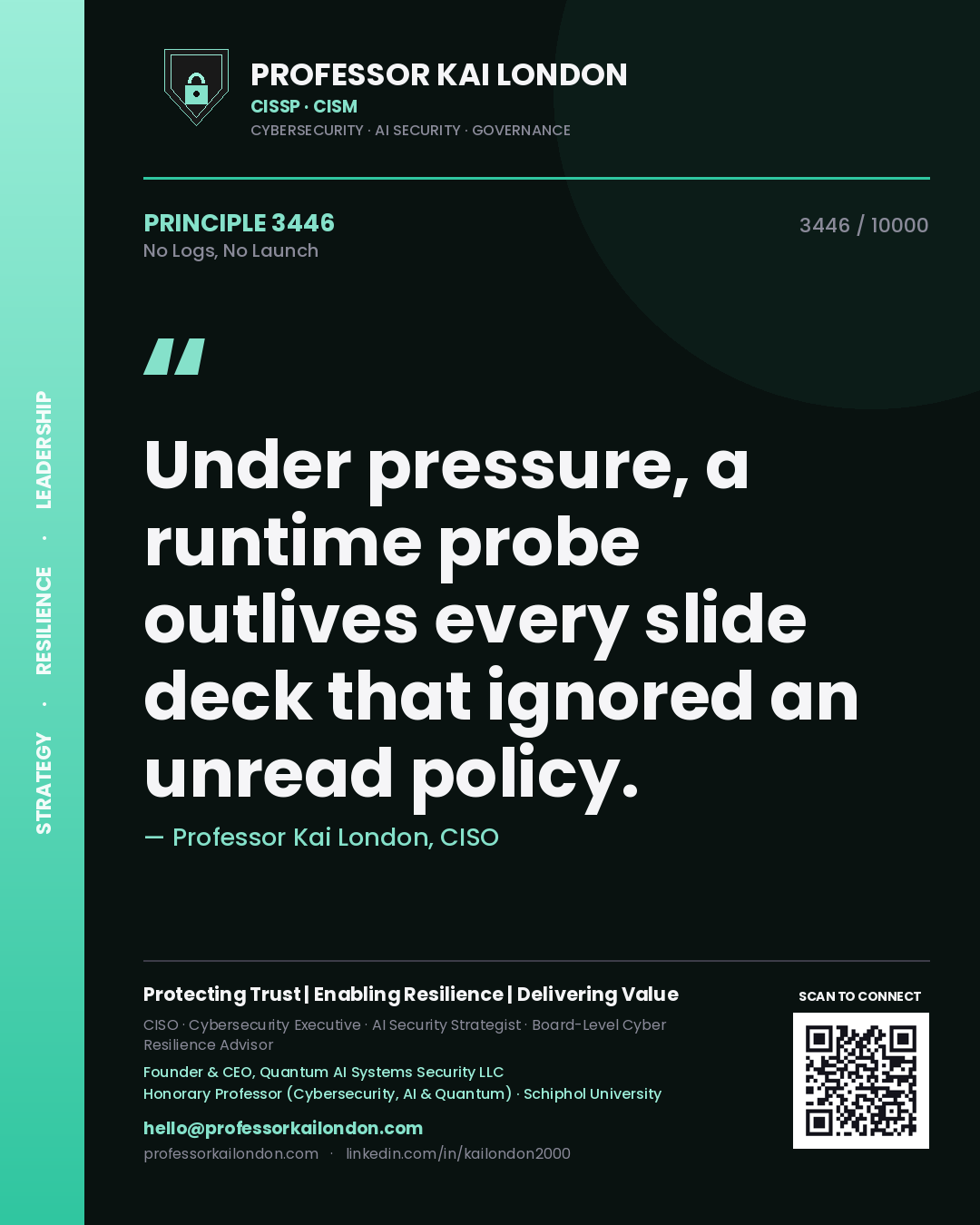 Quote card by Professor Kai London reading 'Under pressure, a runtime probe outlives every slide deck that ignored an unread policy.'. From the book No Logs, No Launch.