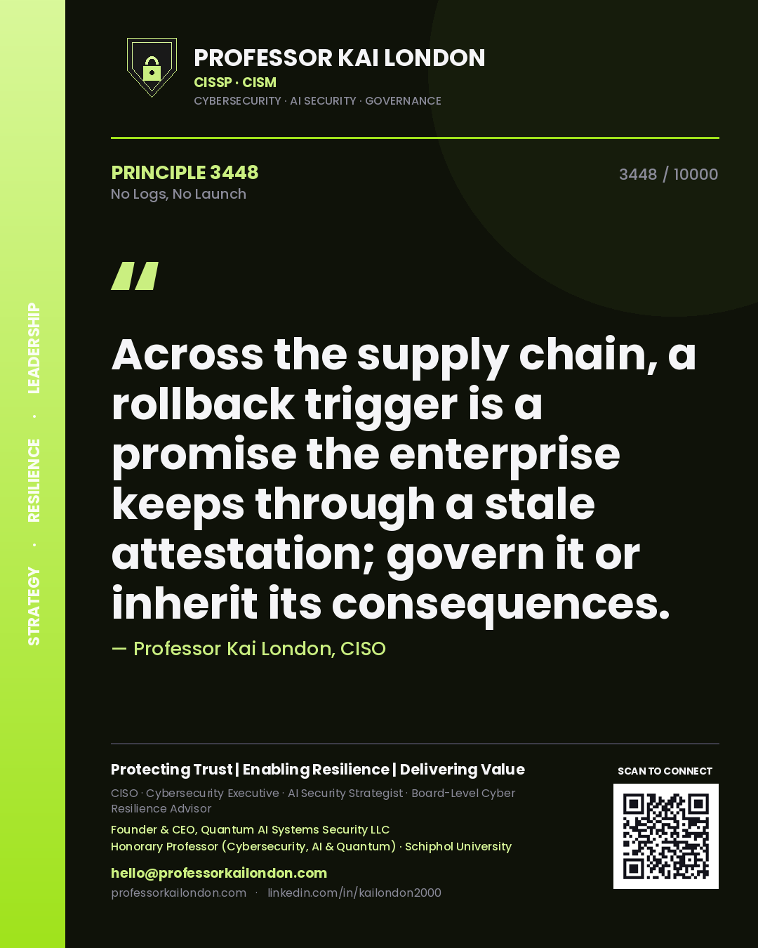 Quote card by Professor Kai London reading 'Across the supply chain, a rollback trigger is a promise the enterprise keeps through a stale attestation; govern it or inherit its consequences.'. From the book No Logs, No Launch.