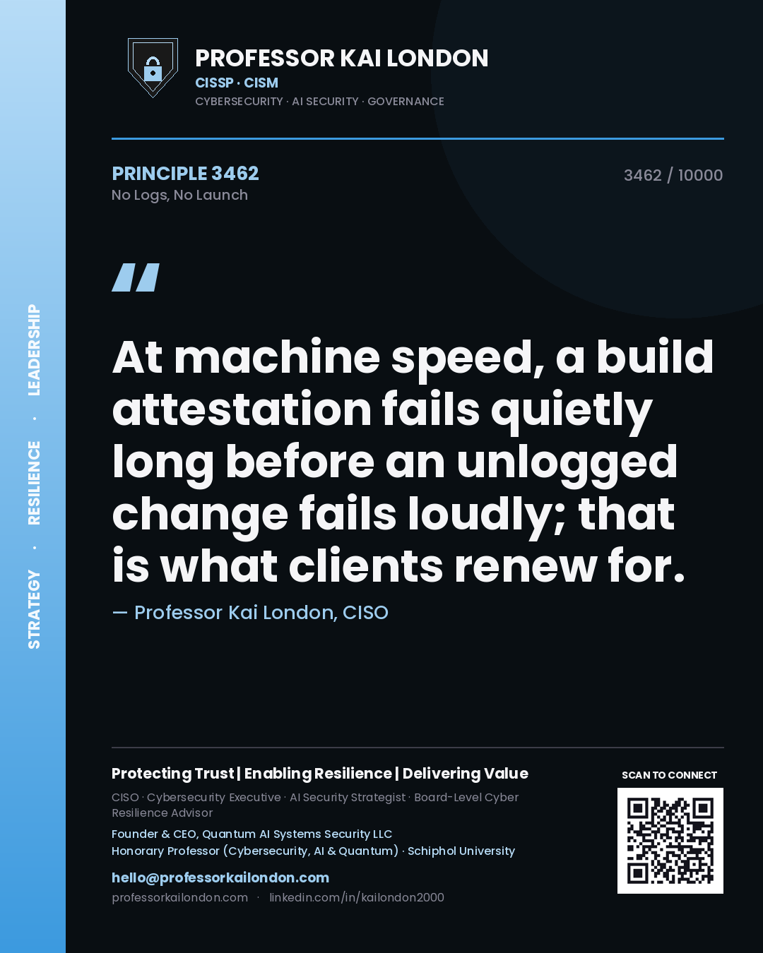 Quote card by Professor Kai London reading 'At machine speed, a build attestation fails quietly long before an unlogged change fails loudly; that is what clients renew for.'. From the book No Logs, No Launch.