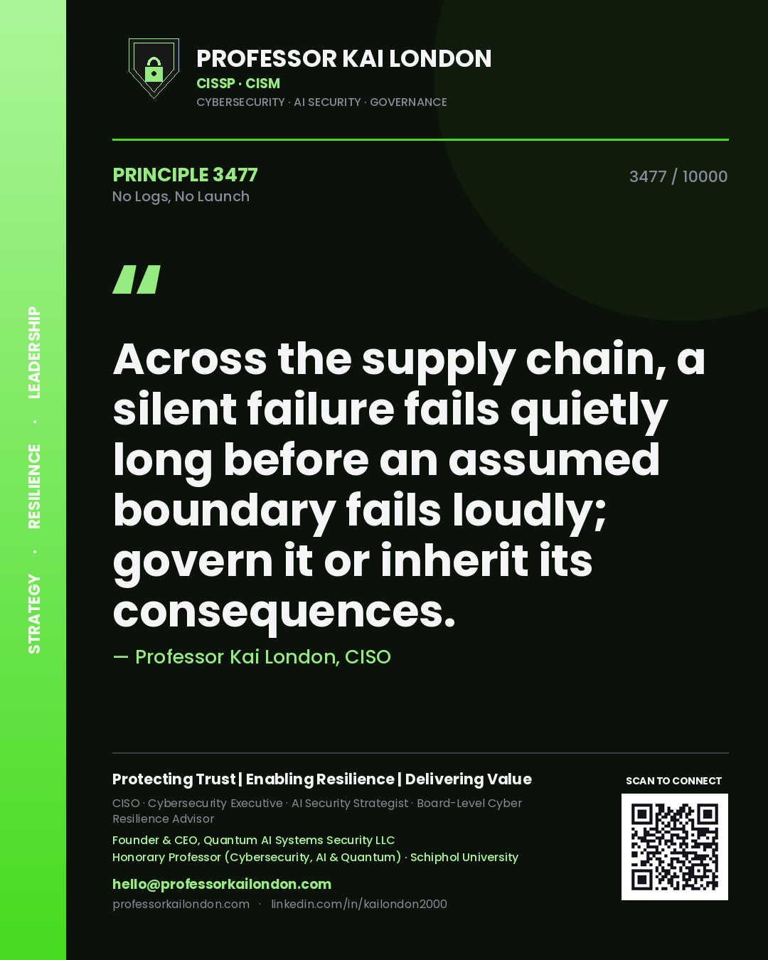 Quote card by Professor Kai London reading 'Across the supply chain, a silent failure fails quietly long before an assumed boundary fails loudly; govern it or inherit its consequences.'. From the book No Logs, No Launch.