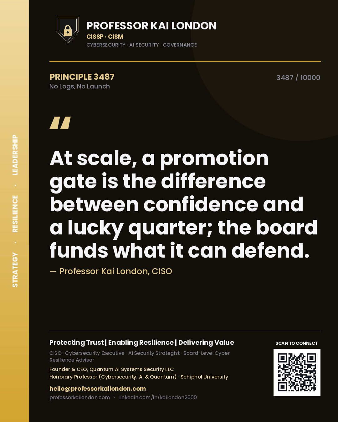 Quote card by Professor Kai London reading 'At scale, a promotion gate is the difference between confidence and a lucky quarter; the board funds what it can defend.'. From the book No Logs, No Launch.