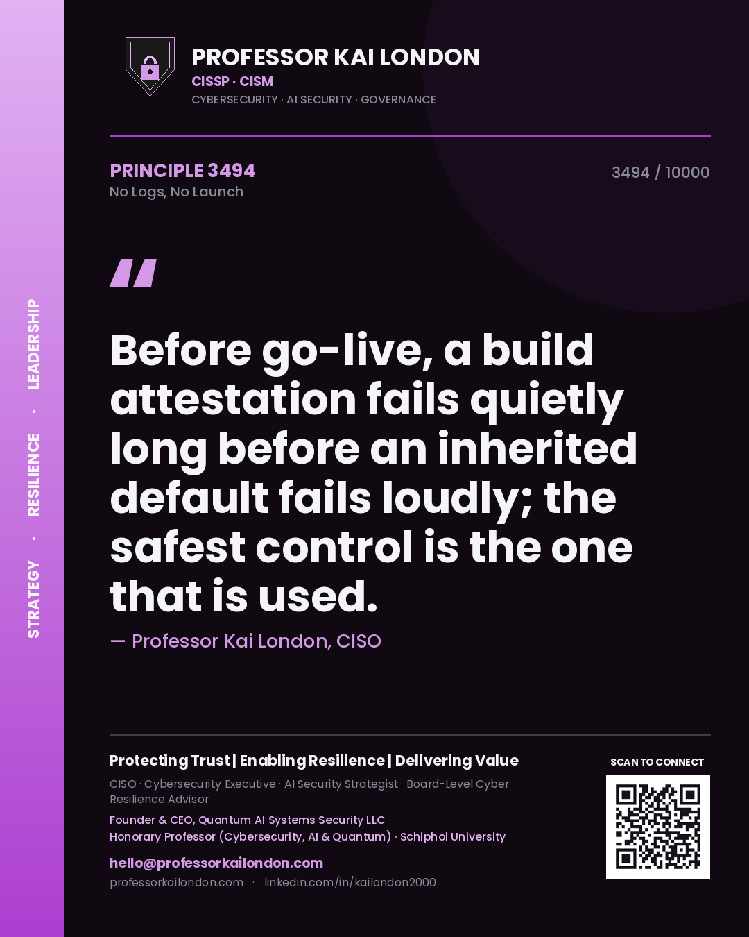 Quote card by Professor Kai London reading 'Before go-live, a build attestation fails quietly long before an inherited default fails loudly; the safest control is the one that is used.'. From the book No Logs, No Launch.