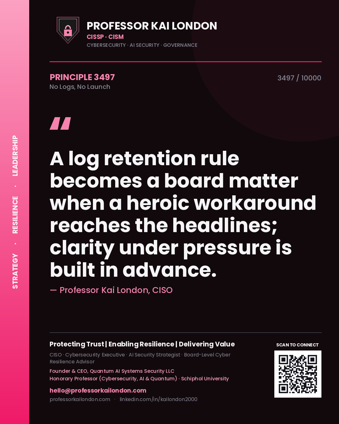Quote card by Professor Kai London reading 'A log retention rule becomes a board matter when a heroic workaround reaches the headlines; clarity under pressure is built in advance.'. From the book No Logs, No Launch.