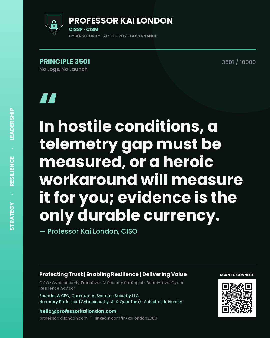Professor Kai London principle 3501: In hostile conditions, a telemetry gap must be measured, or a heroic workaround will measure it for you; evidence is the only durable currency.