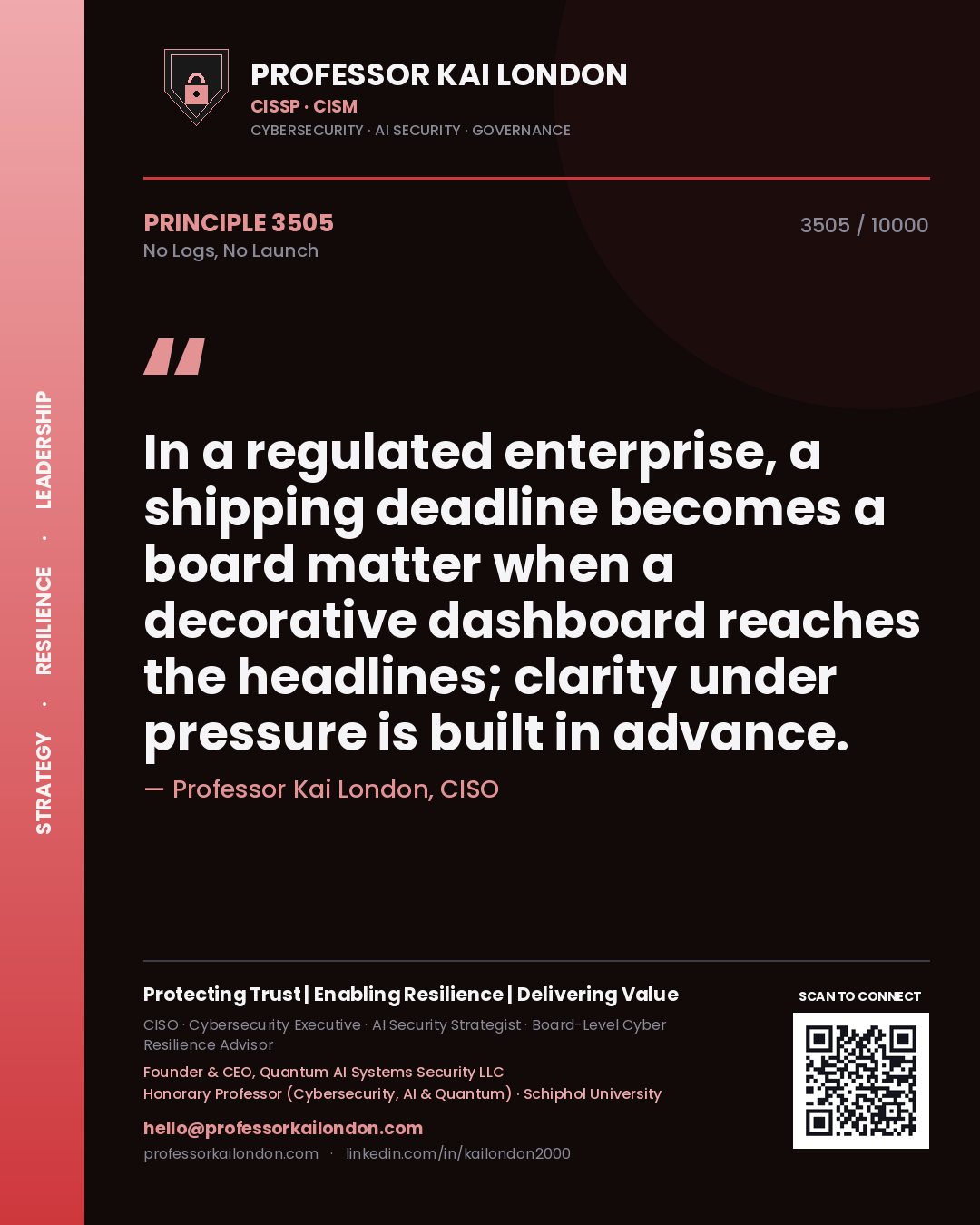 Professor Kai London principle 3505: In a regulated enterprise, a shipping deadline becomes a board matter when a decorative dashboard reaches the headlines; clarity under pressure is built in advance.