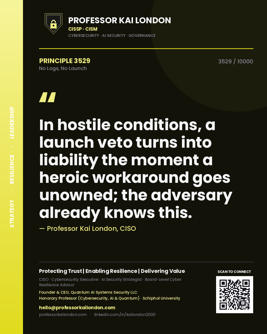 Quote card by Professor Kai London reading 'In hostile conditions, a launch veto turns into liability the moment a heroic workaround goes unowned; the adversary already knows this.'. From the book No Logs, No Launch.