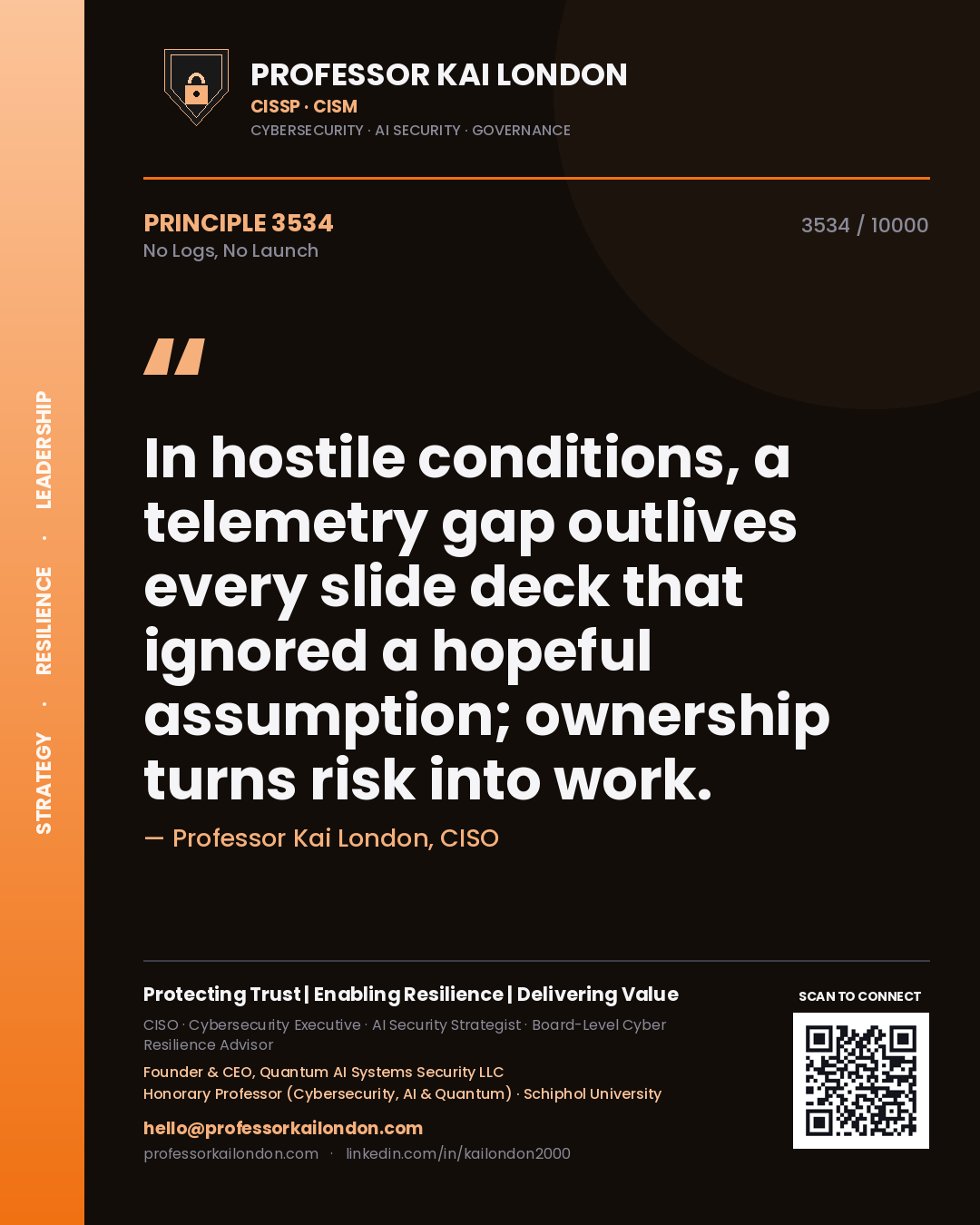 Professor Kai London principle 3534: In hostile conditions, a telemetry gap outlives every slide deck that ignored a hopeful assumption; ownership turns risk into work.