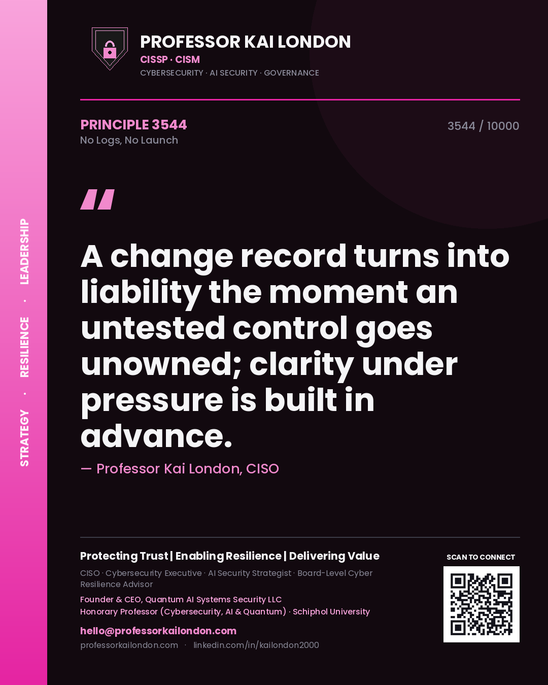 Quote card by Professor Kai London reading 'A change record turns into liability the moment an untested control goes unowned; clarity under pressure is built in advance.'. From the book No Logs, No Launch.