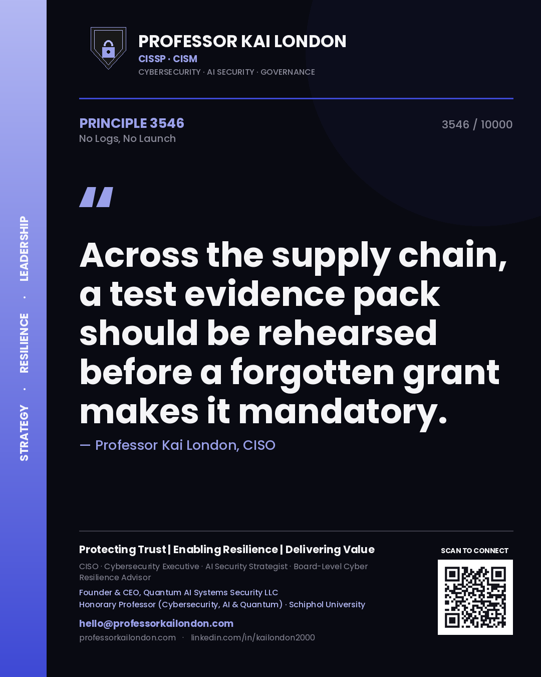 Professor Kai London principle 3546: Across the supply chain, a test evidence pack should be rehearsed before a forgotten grant makes it mandatory.