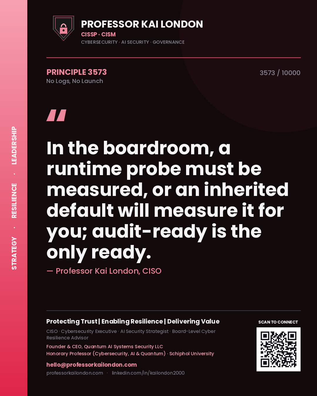 Quote card by Professor Kai London reading 'In the boardroom, a runtime probe must be measured, or an inherited default will measure it for you; audit-ready is the only ready.'. From the book No Logs, No Launch.