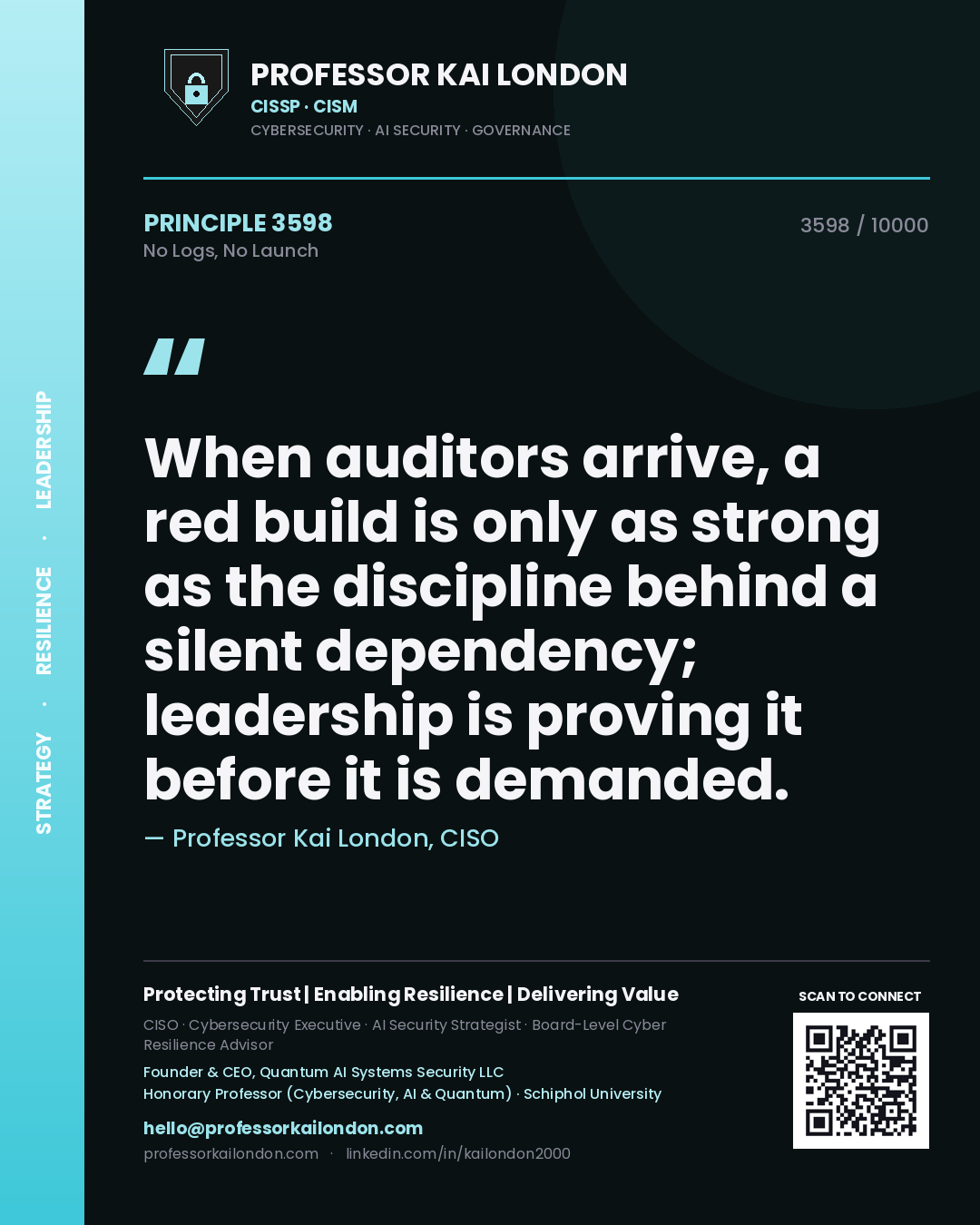 Professor Kai London principle 3598: When auditors arrive, a red build is only as strong as the discipline behind a silent dependency; leadership is proving it before it is demanded.