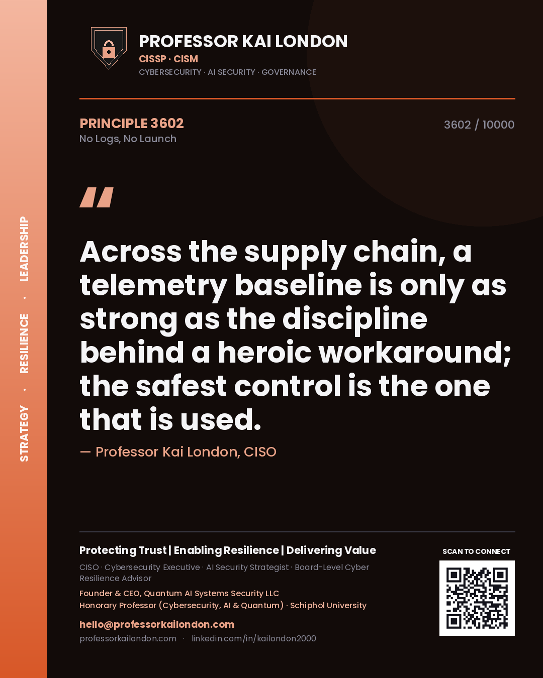 Quote card by Professor Kai London reading 'Across the supply chain, a telemetry baseline is only as strong as the discipline behind a heroic workaround; the safest control is the one that is used.'. From the book No Logs, No Launch.