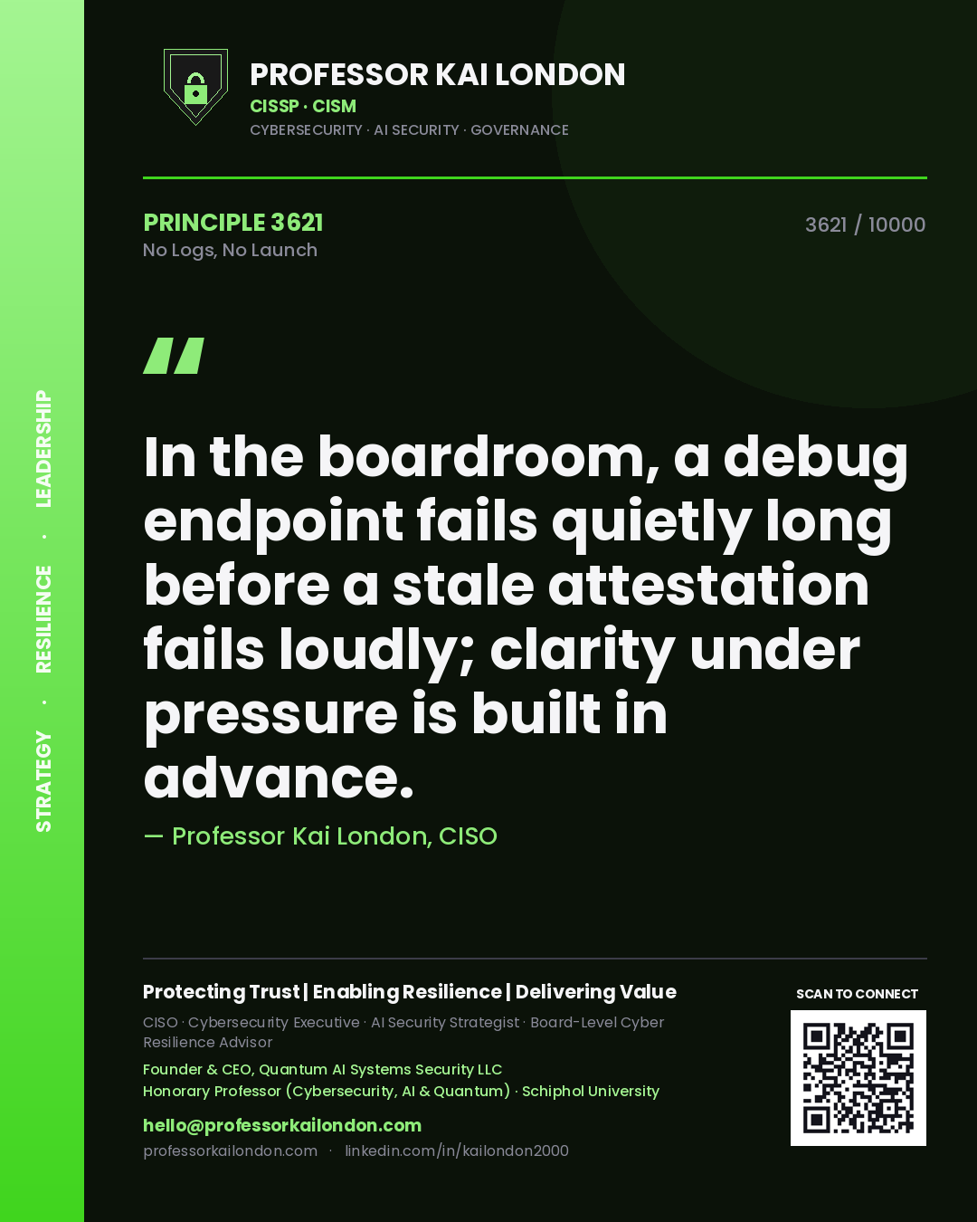 Professor Kai London principle 3621: In the boardroom, a debug endpoint fails quietly long before a stale attestation fails loudly; clarity under pressure is built in advance.