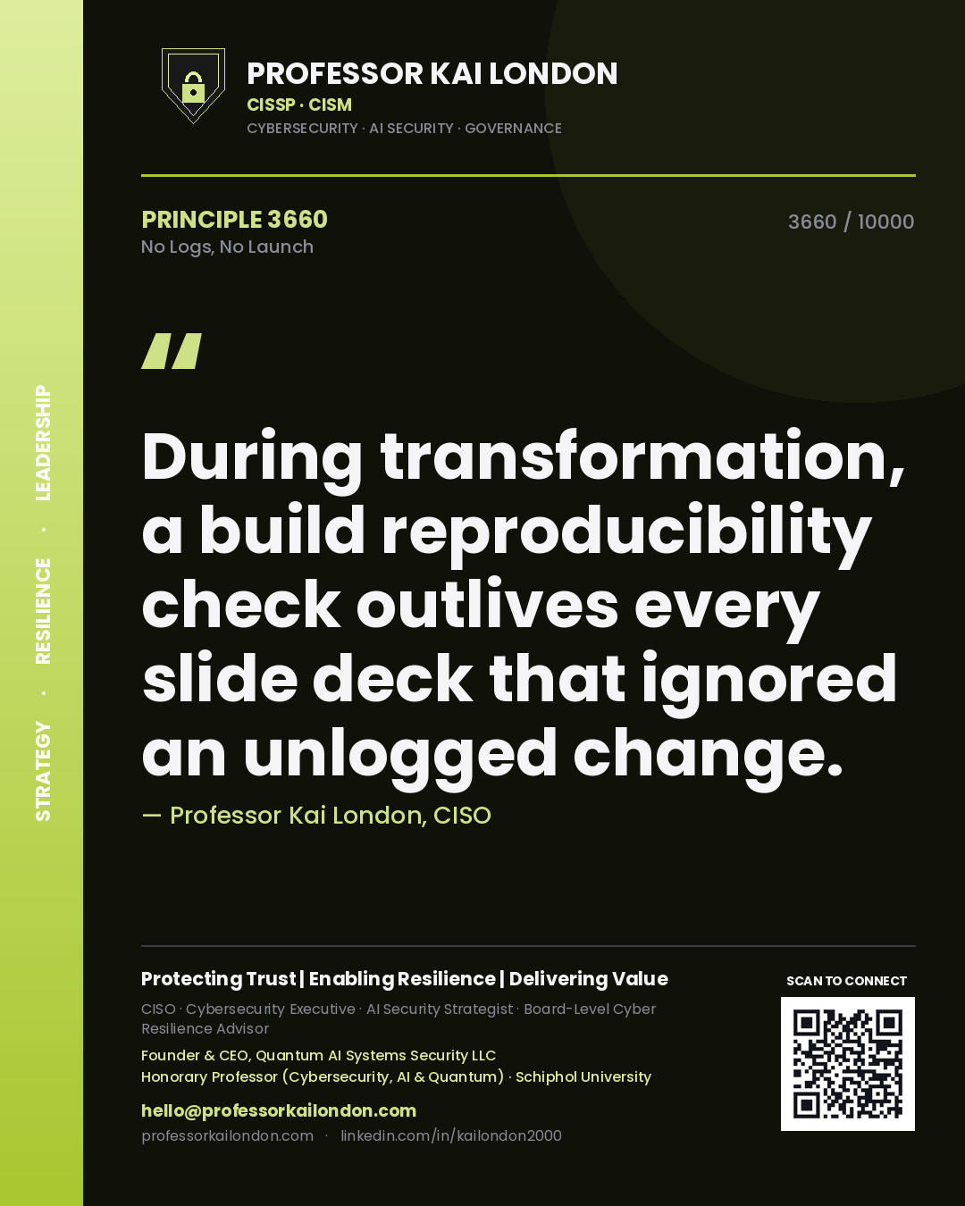 Quote card by Professor Kai London reading 'During transformation, a build reproducibility check outlives every slide deck that ignored an unlogged change.'. From the book No Logs, No Launch.