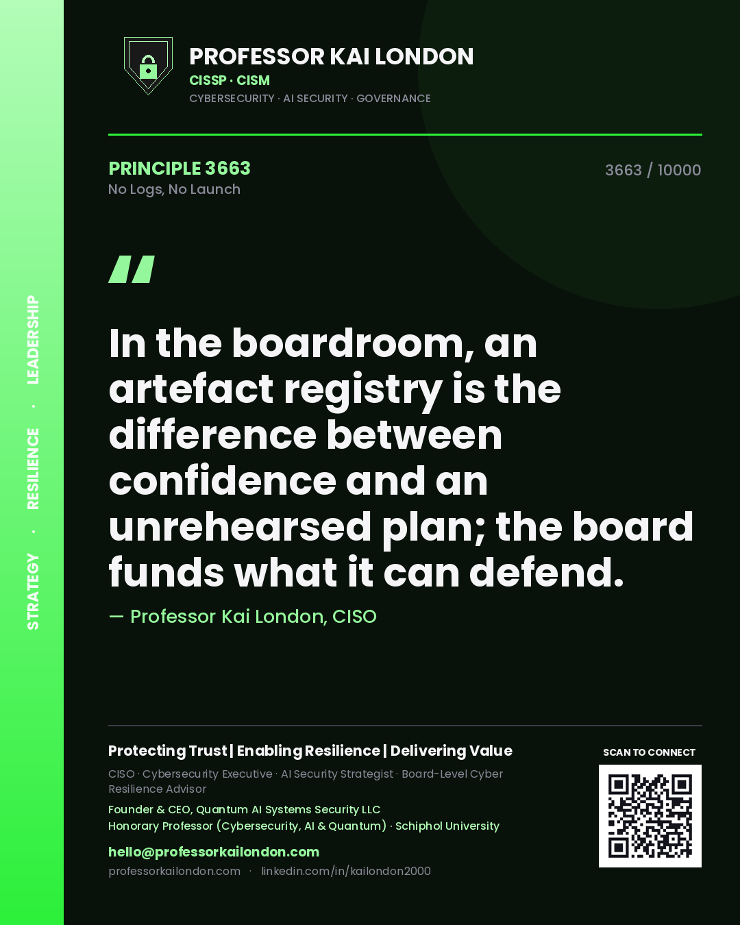 Quote card by Professor Kai London reading 'In the boardroom, an artefact registry is the difference between confidence and an unrehearsed plan; the board funds what it can defend.'. From the book No Logs, No Launch.