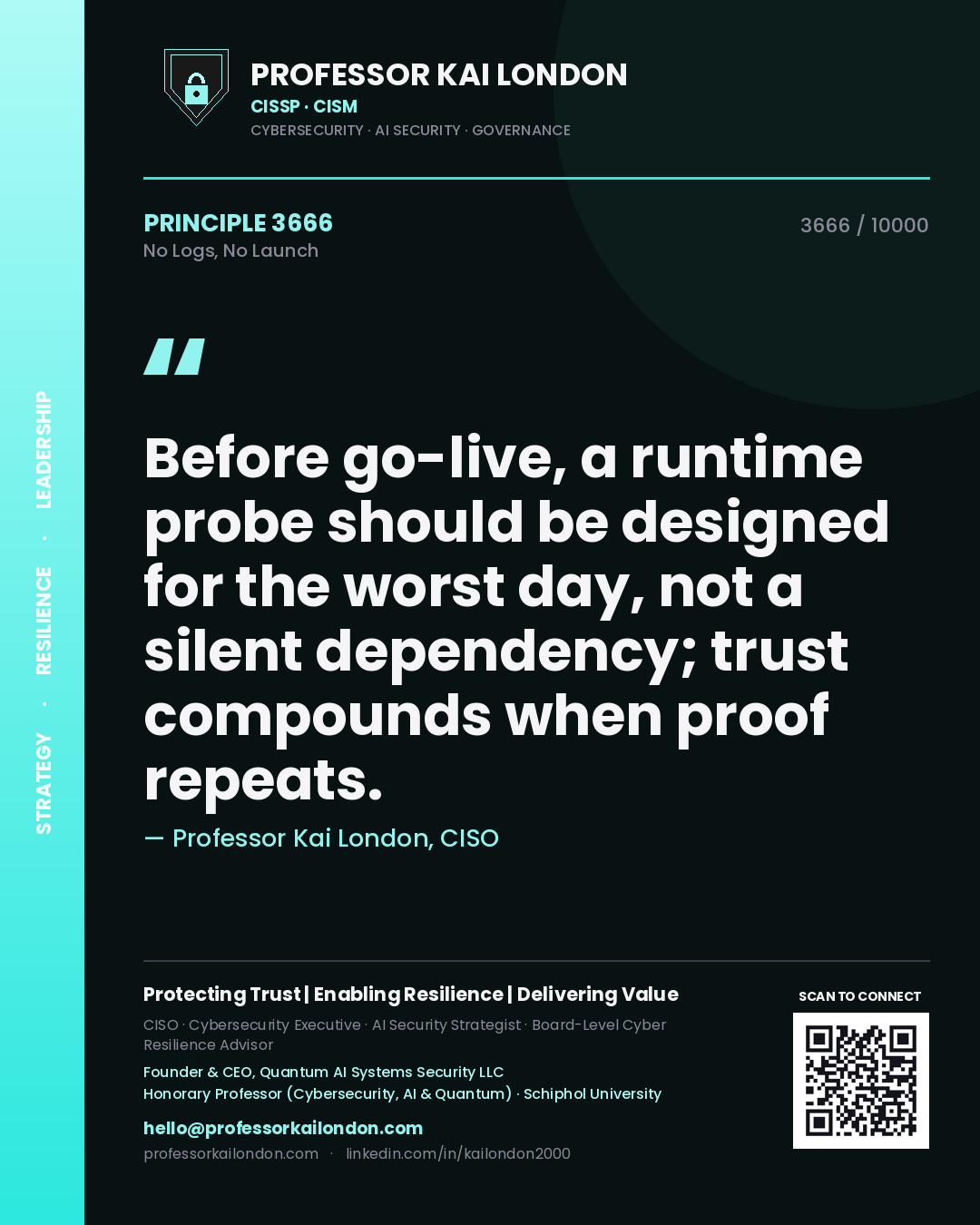 Quote card by Professor Kai London reading 'Before go-live, a runtime probe should be designed for the worst day, not a silent dependency; trust compounds when proof repeats.'. From the book No Logs, No Launch.