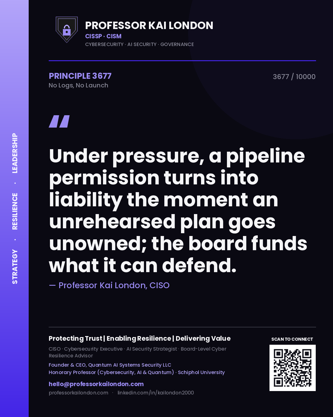 Quote card by Professor Kai London reading 'Under pressure, a pipeline permission turns into liability the moment an unrehearsed plan goes unowned; the board funds what it can defend.'. From the book No Logs, No Launch.