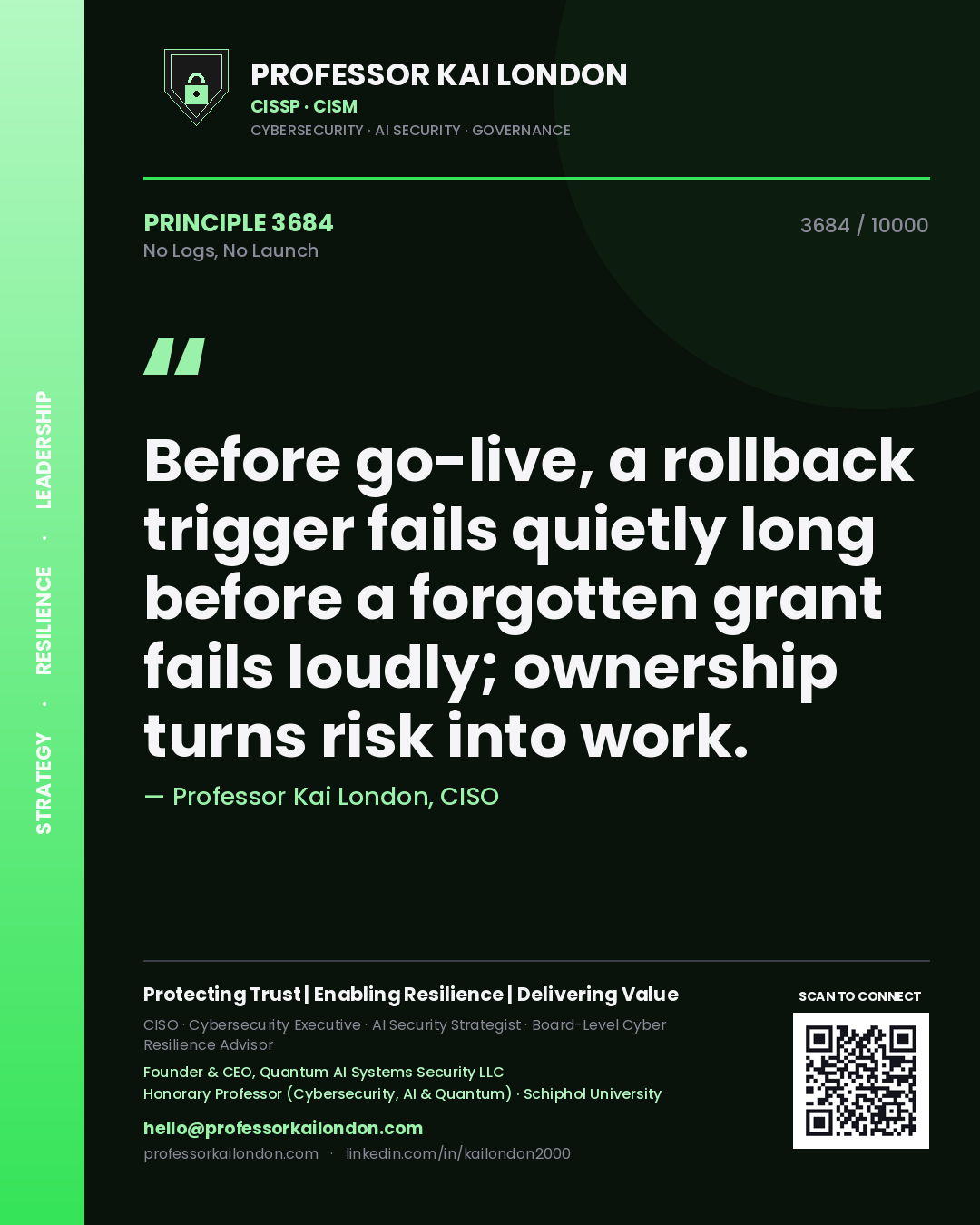 Professor Kai London principle 3684: Before go-live, a rollback trigger fails quietly long before a forgotten grant fails loudly; ownership turns risk into work.