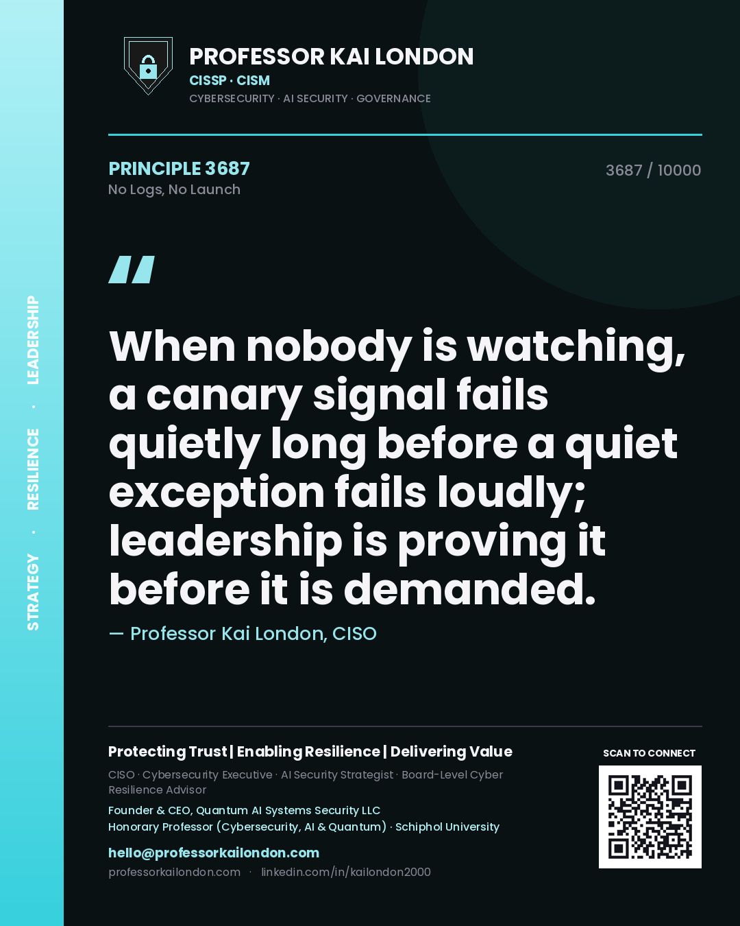 Quote card by Professor Kai London reading 'When nobody is watching, a canary signal fails quietly long before a quiet exception fails loudly; leadership is proving it before it is demanded.'. From the book No Logs, No Launch.
